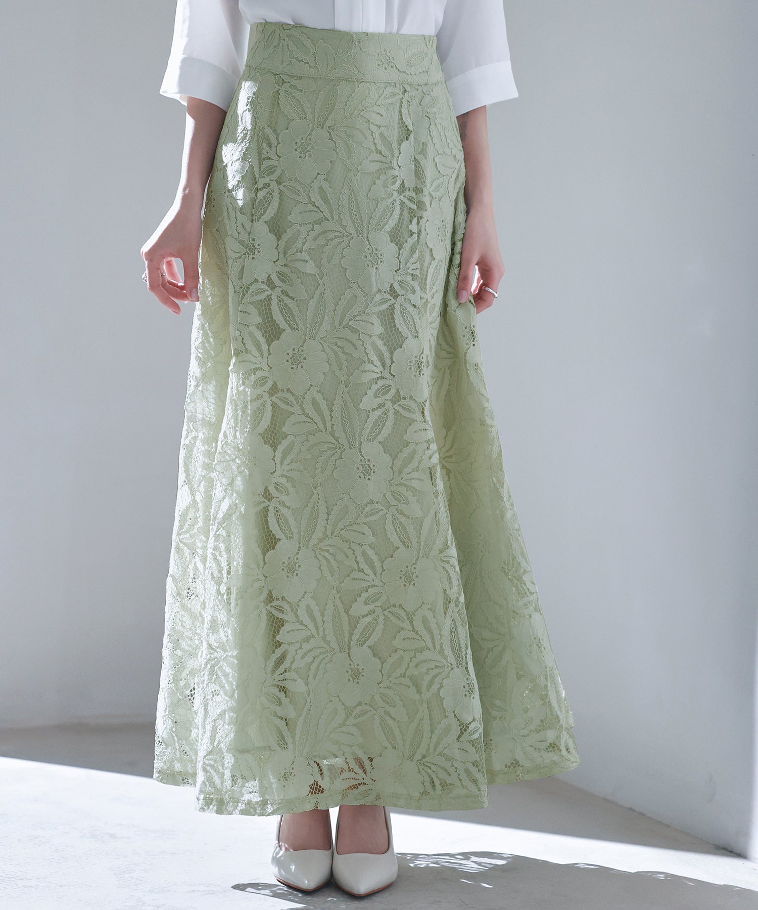 ロング丈ハイウエスト総レーススカートsdp0262 グリーン