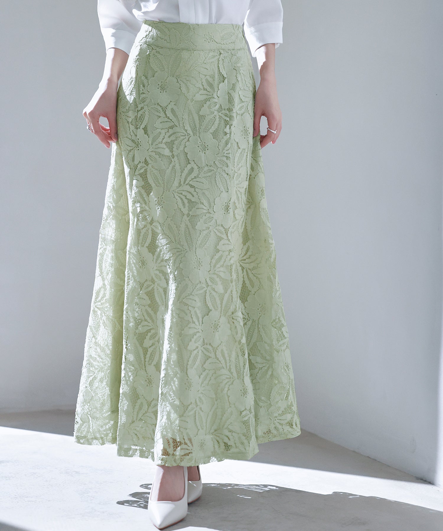 ロング丈ハイウエスト総レーススカートsdp0262 グリーン