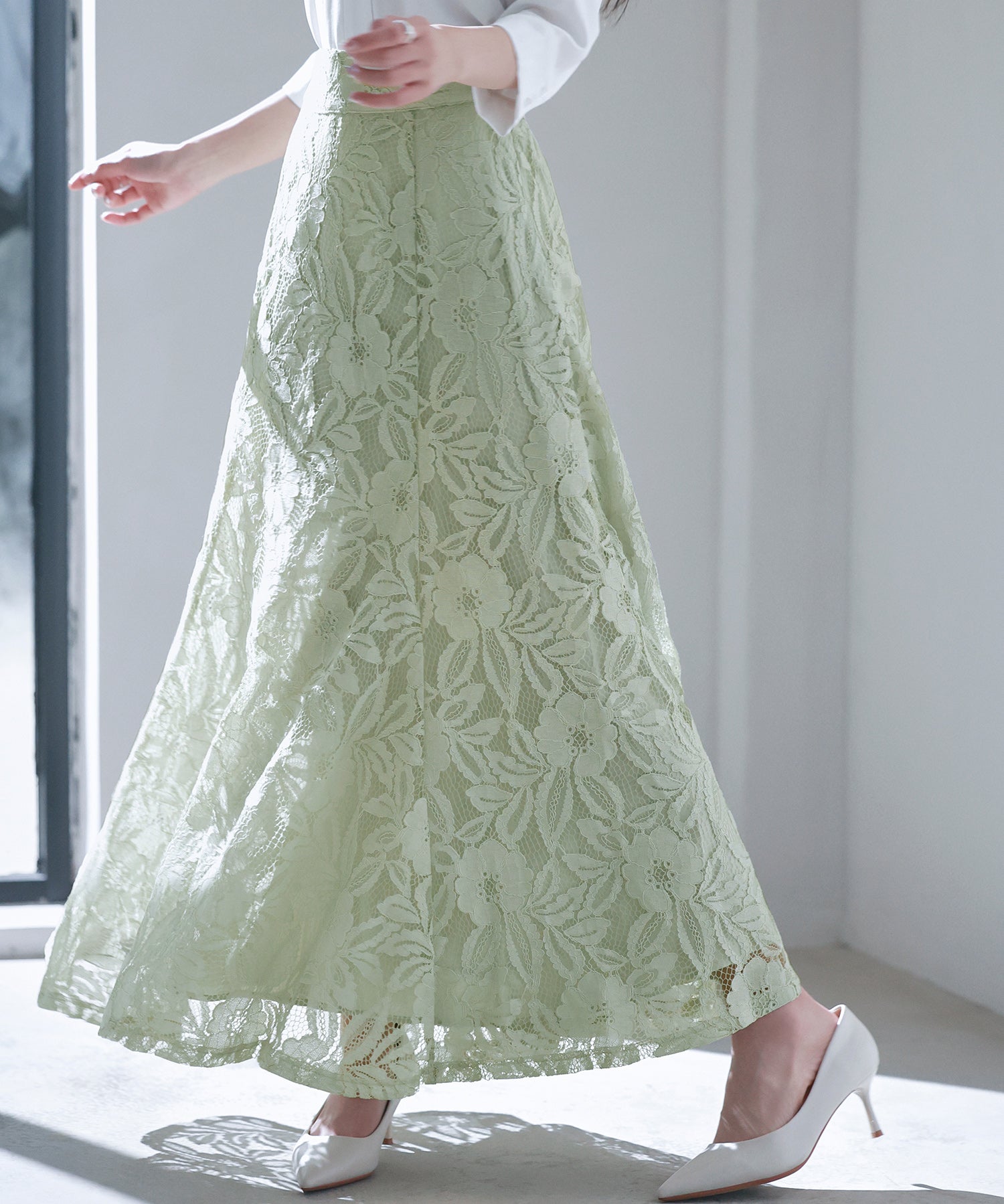 ロング丈ハイウエスト総レーススカートsdp0262 グリーン