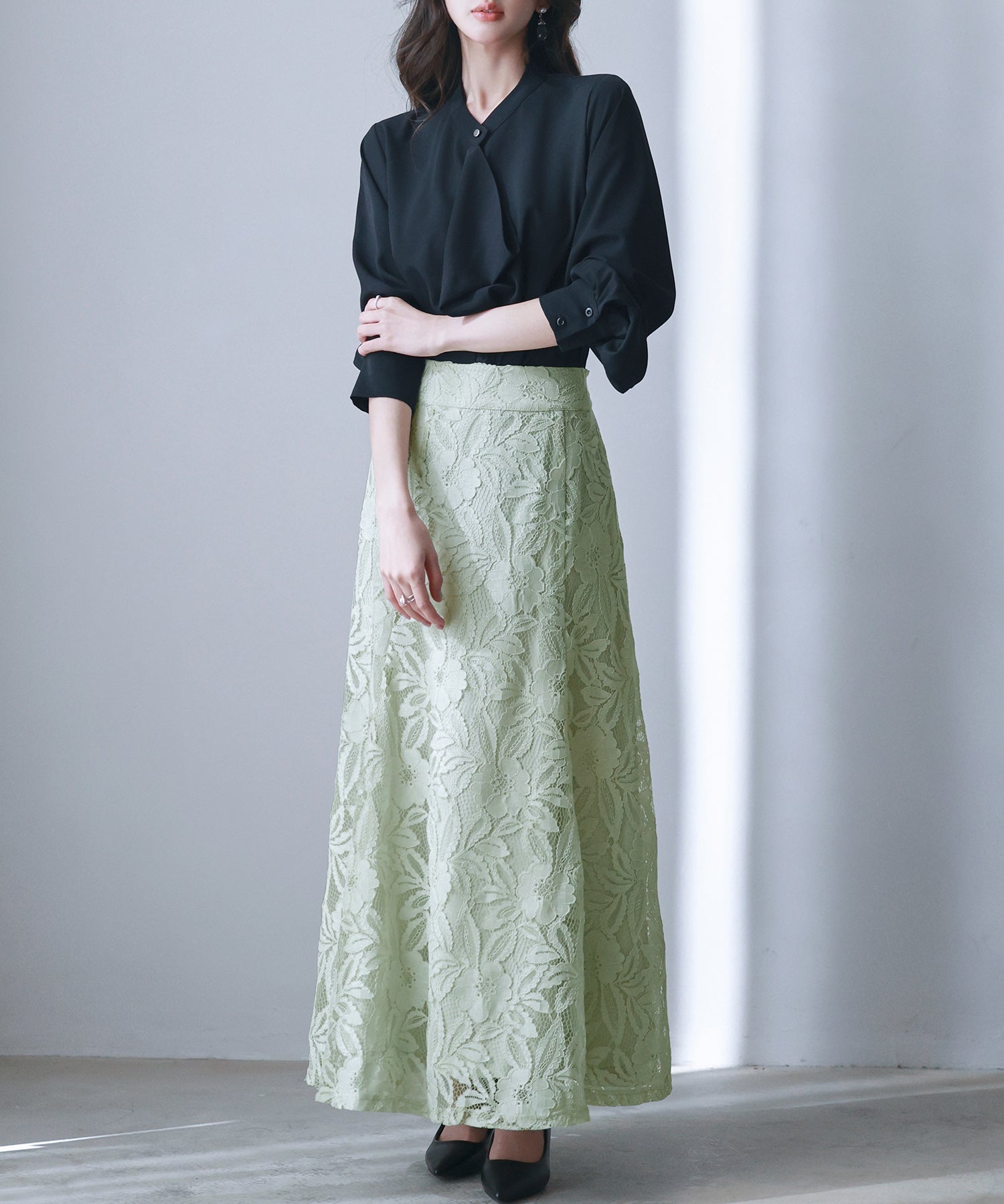 ロング丈ハイウエスト総レーススカートsdp0262 グリーン