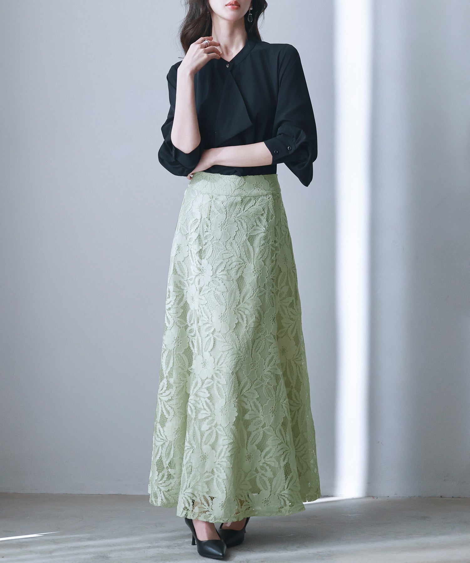 ロング丈ハイウエスト総レーススカートsdp0262 グリーン