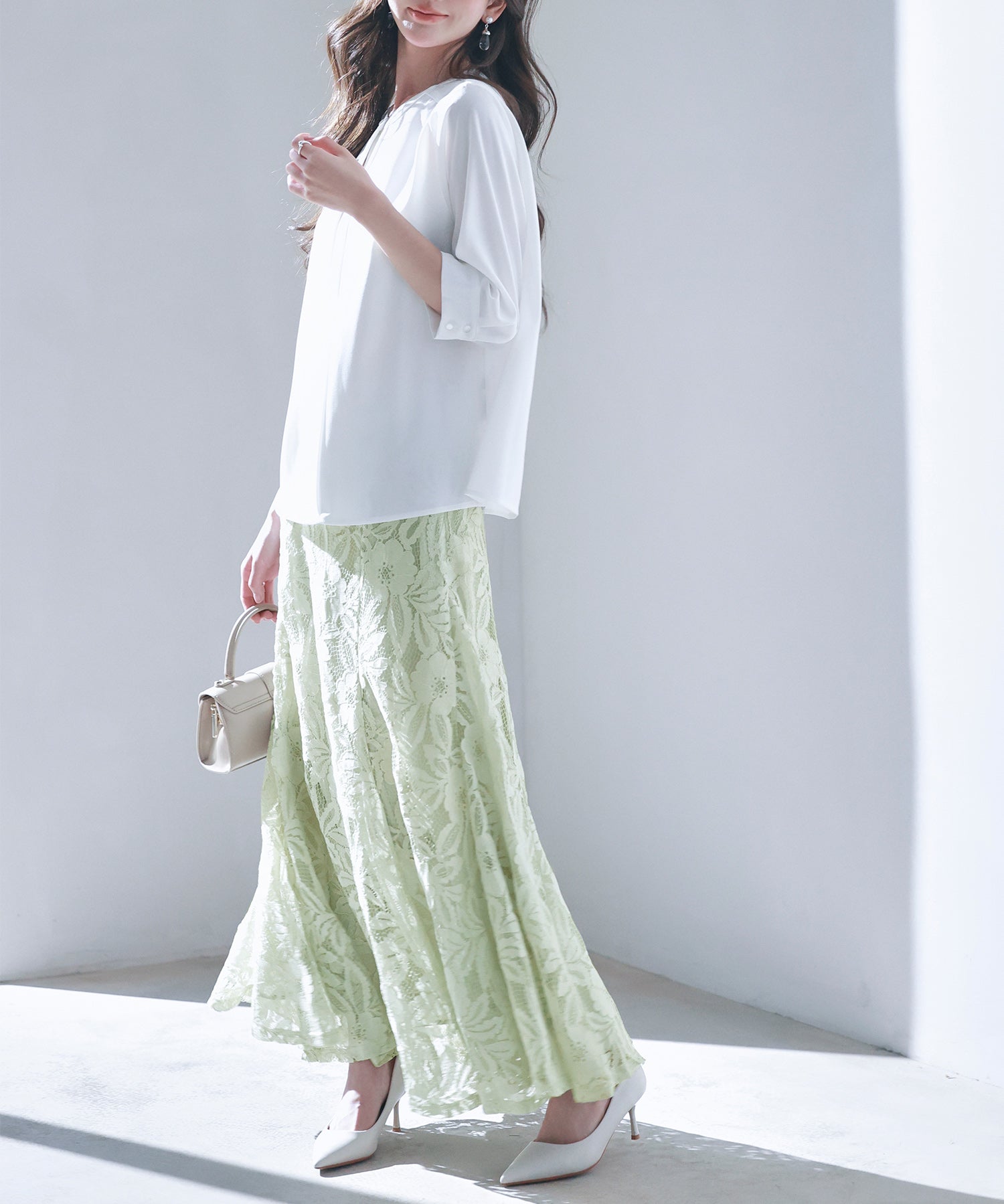 ロング丈ハイウエスト総レーススカートsdp0262 グリーン