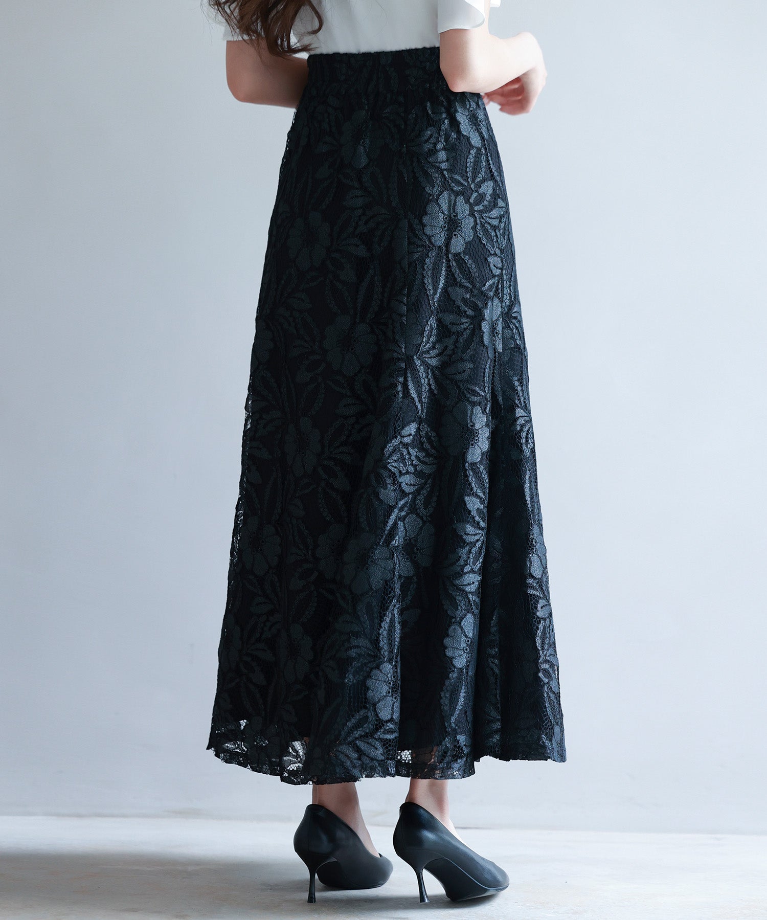ロング丈ハイウエスト総レーススカートsdp0262 ブラック