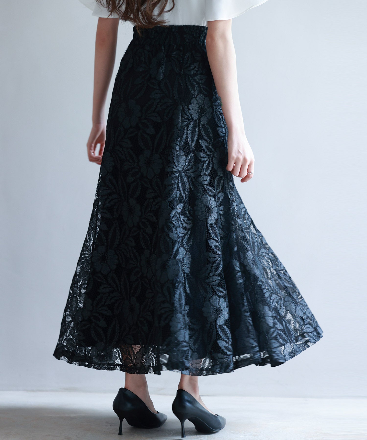ロング丈ハイウエスト総レーススカートsdp0262 ブラック