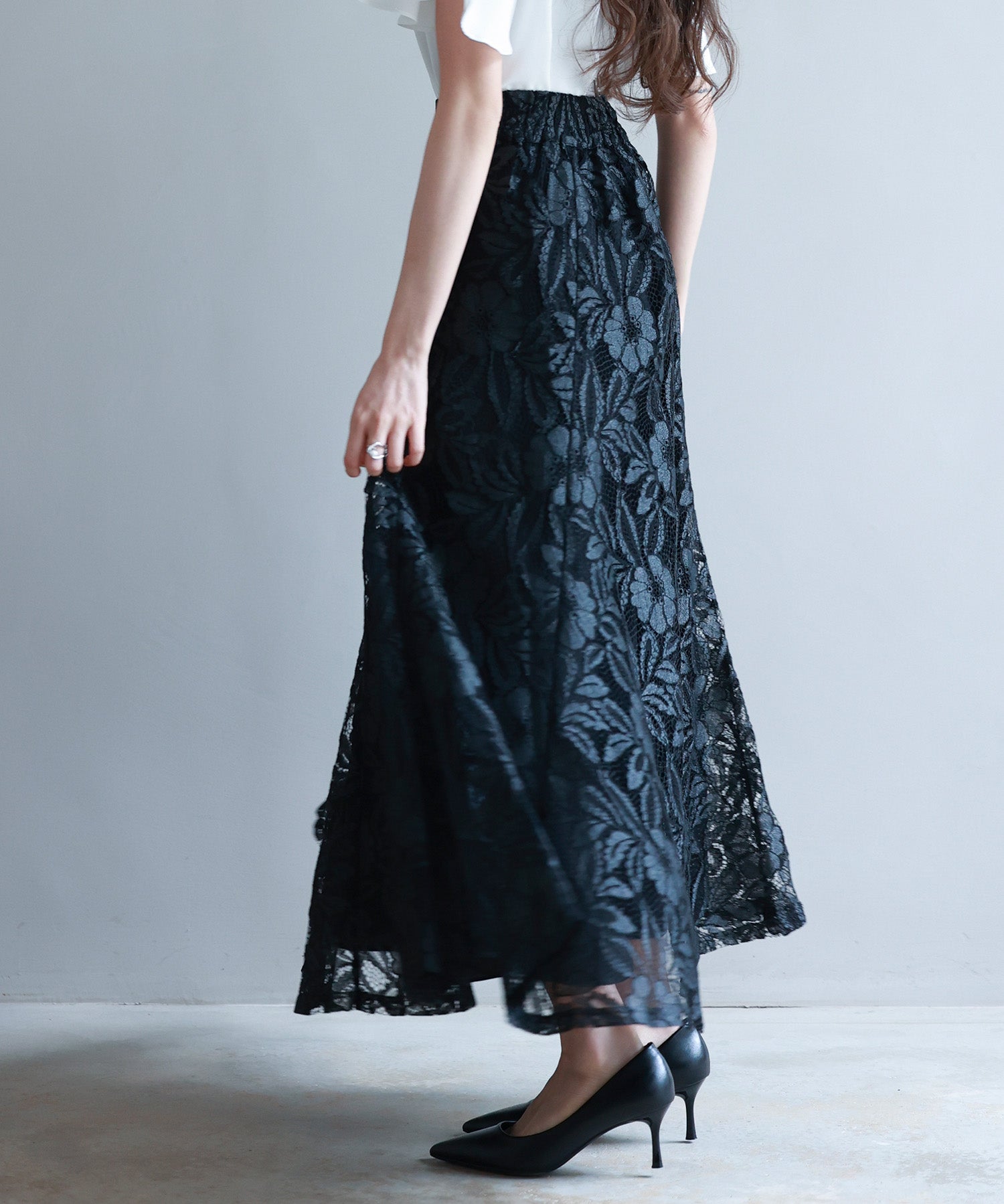 ロング丈ハイウエスト総レーススカートsdp0262 ブラック