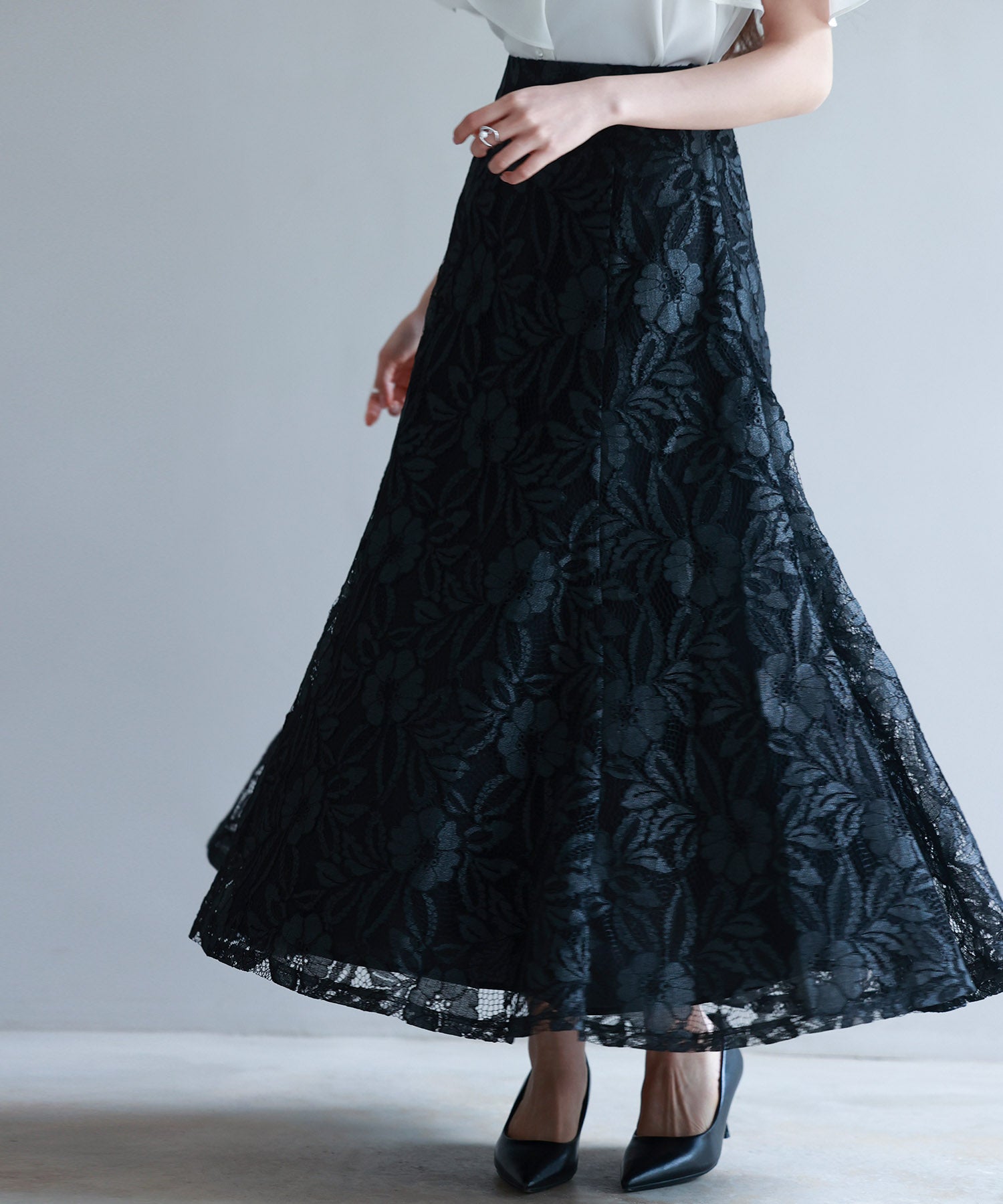 ロング丈ハイウエスト総レーススカートsdp0262 ブラック