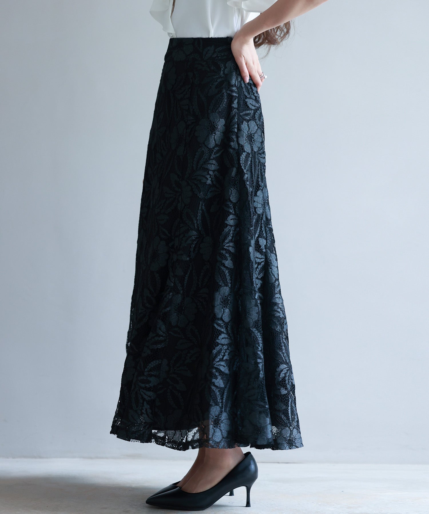 ロング丈ハイウエスト総レーススカートsdp0262 ブラック