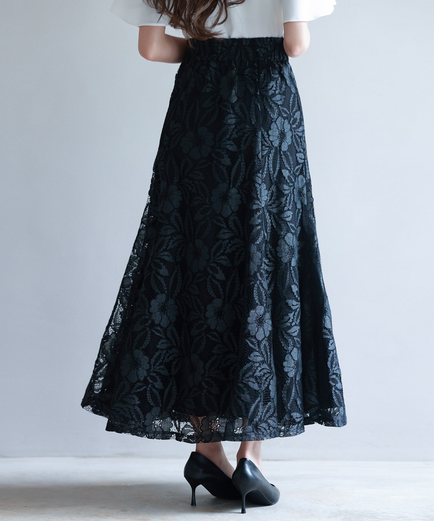 ロング丈ハイウエスト総レーススカートsdp0262 ブラック