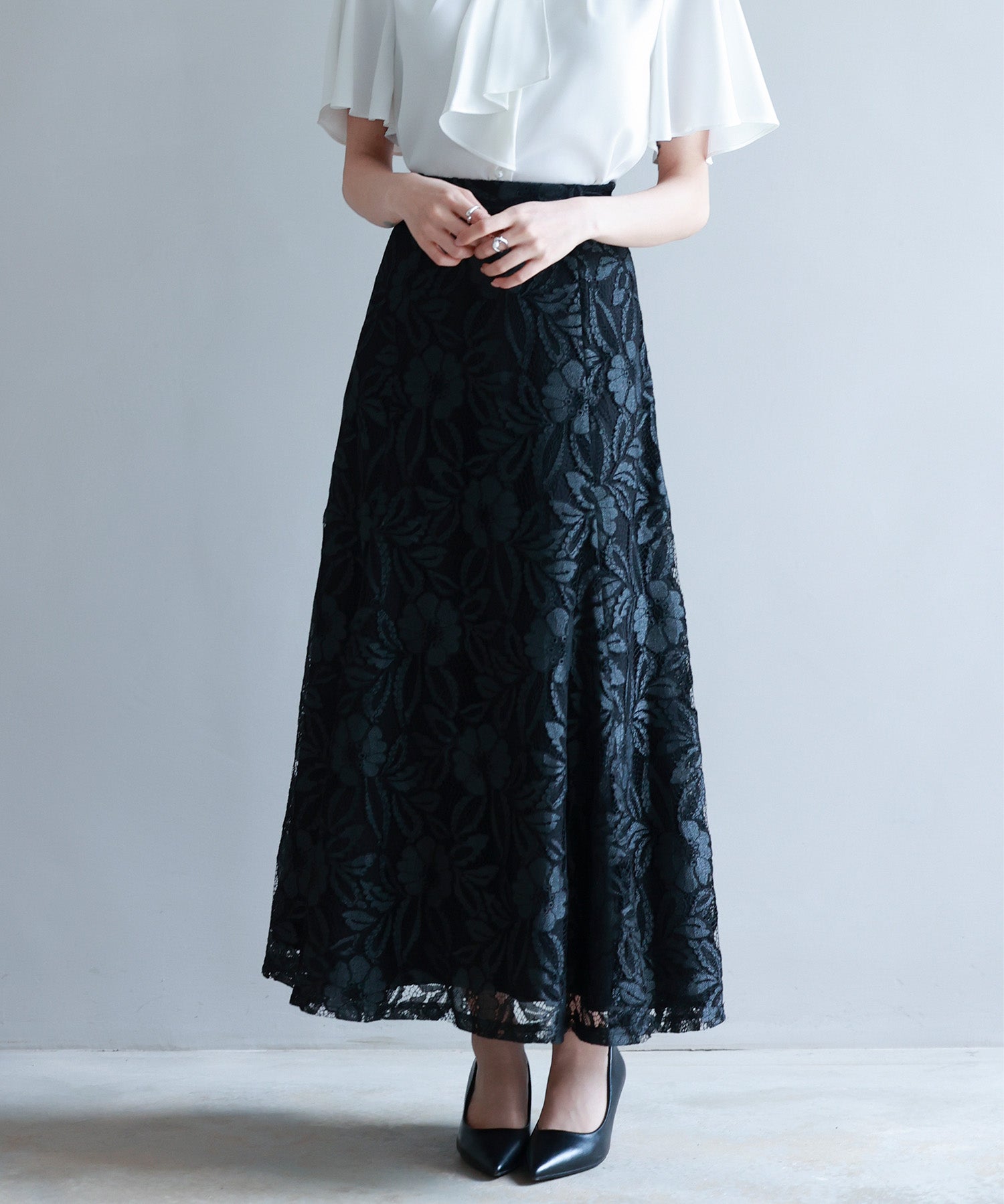 ロング丈ハイウエスト総レーススカートsdp0262 ブラック