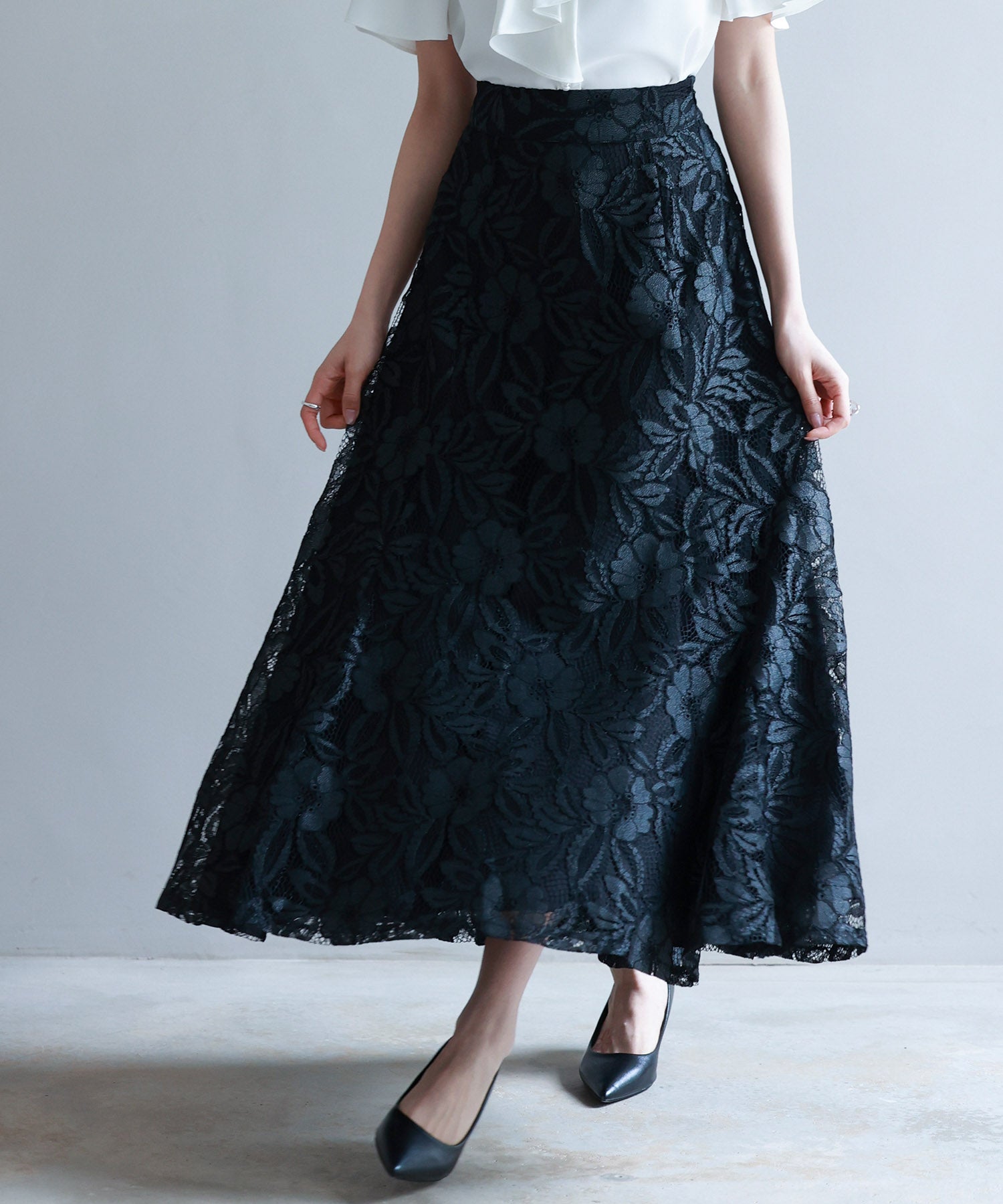 ロング丈ハイウエスト総レーススカートsdp0262 ブラック