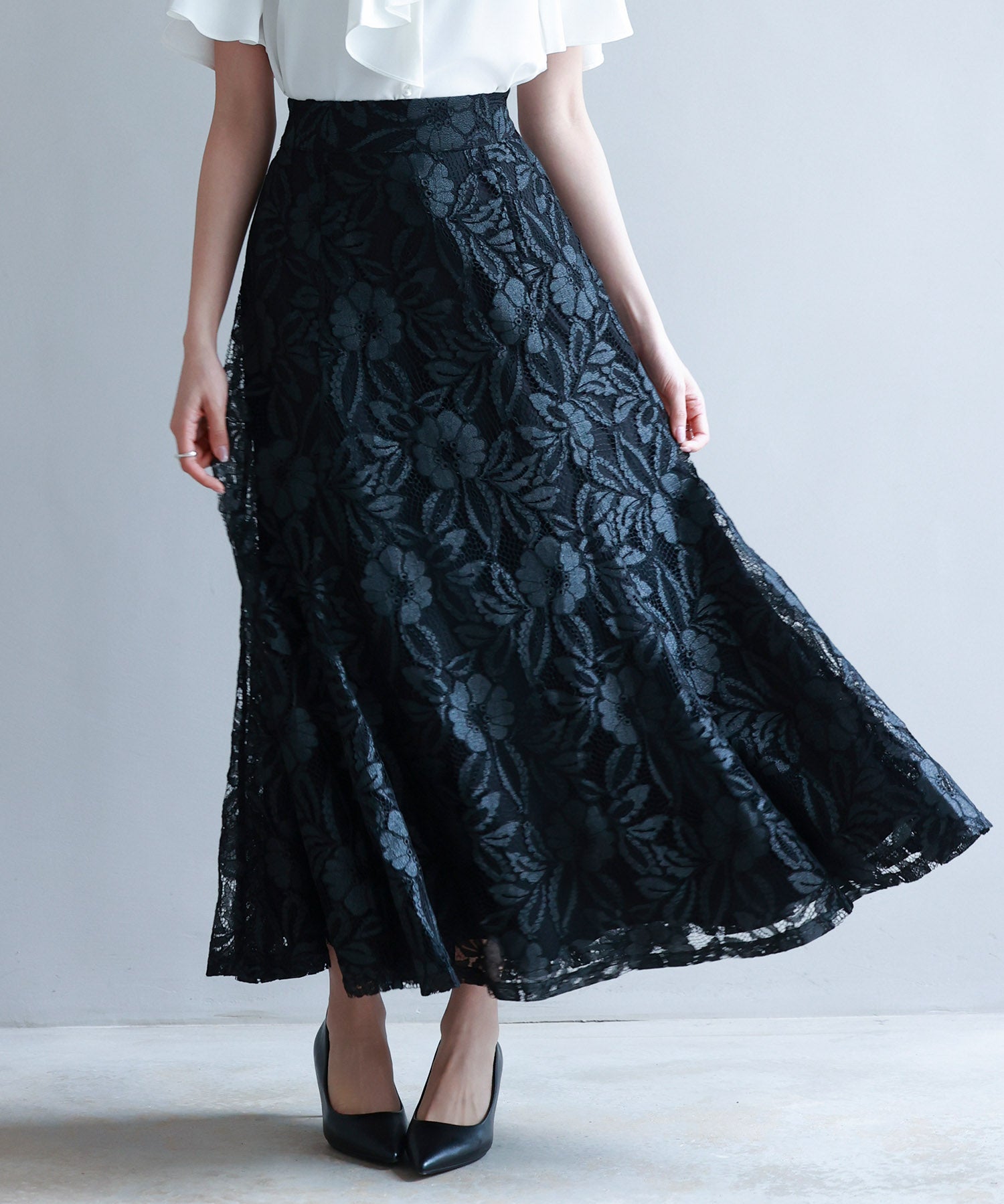 ロング丈ハイウエスト総レーススカートsdp0262 ブラック