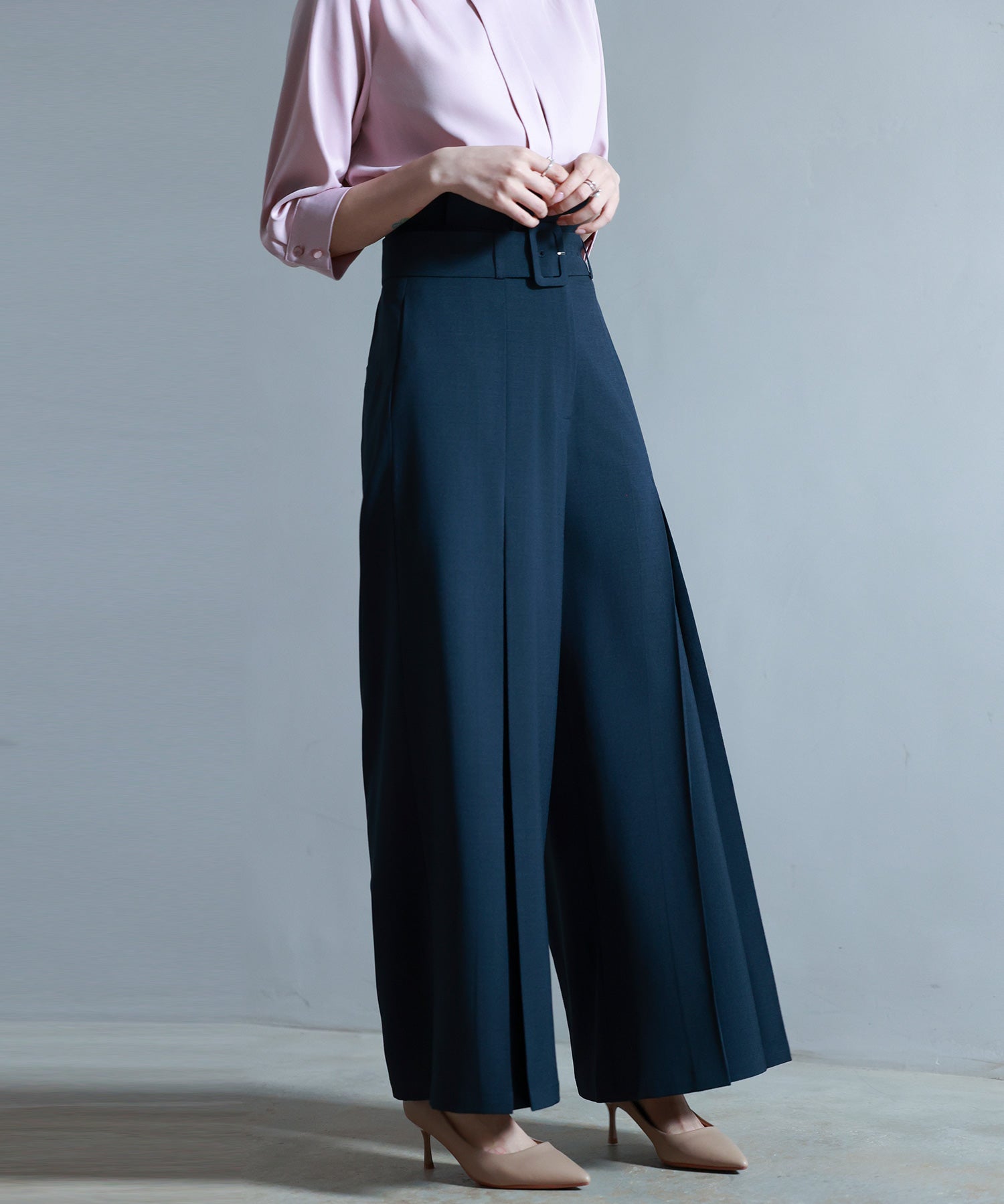 ベルト付きハイウエストワイドパンツsdp0263 ネイビー