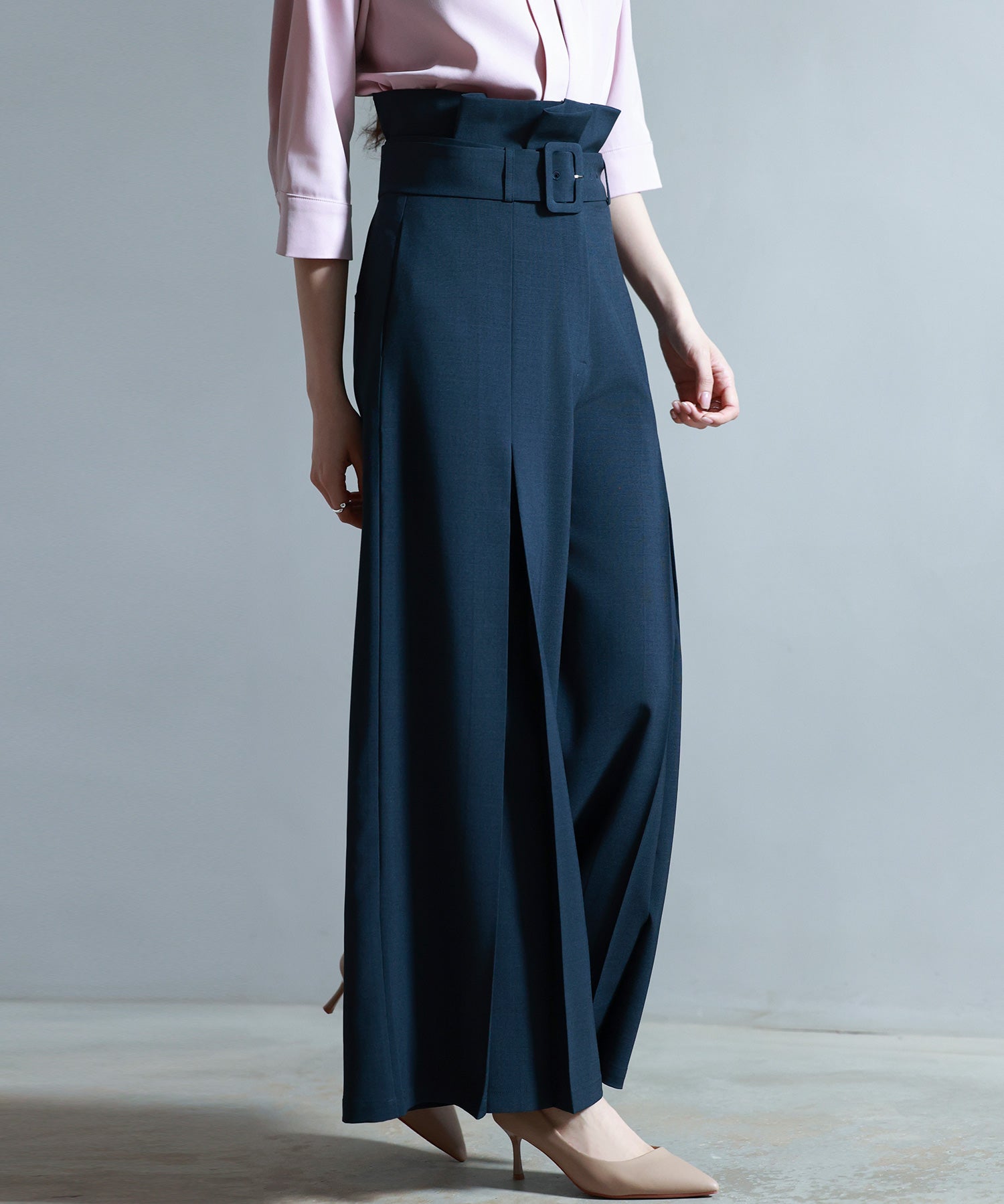 ベルト付きハイウエストワイドパンツsdp0263 ネイビー