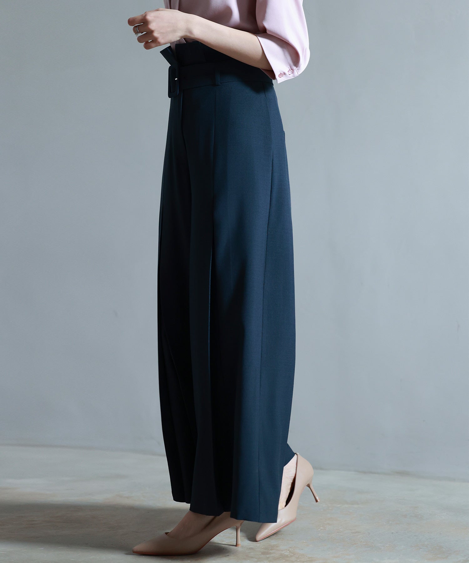 ベルト付きハイウエストワイドパンツsdp0263 ネイビー