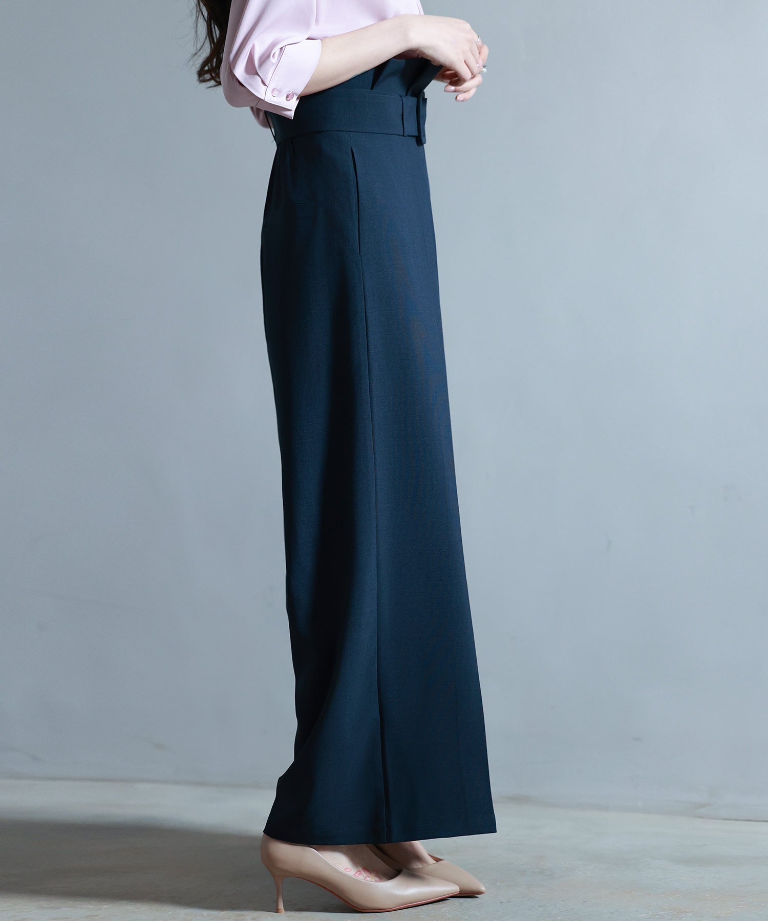 ベルト付きハイウエストワイドパンツsdp0263 ネイビー