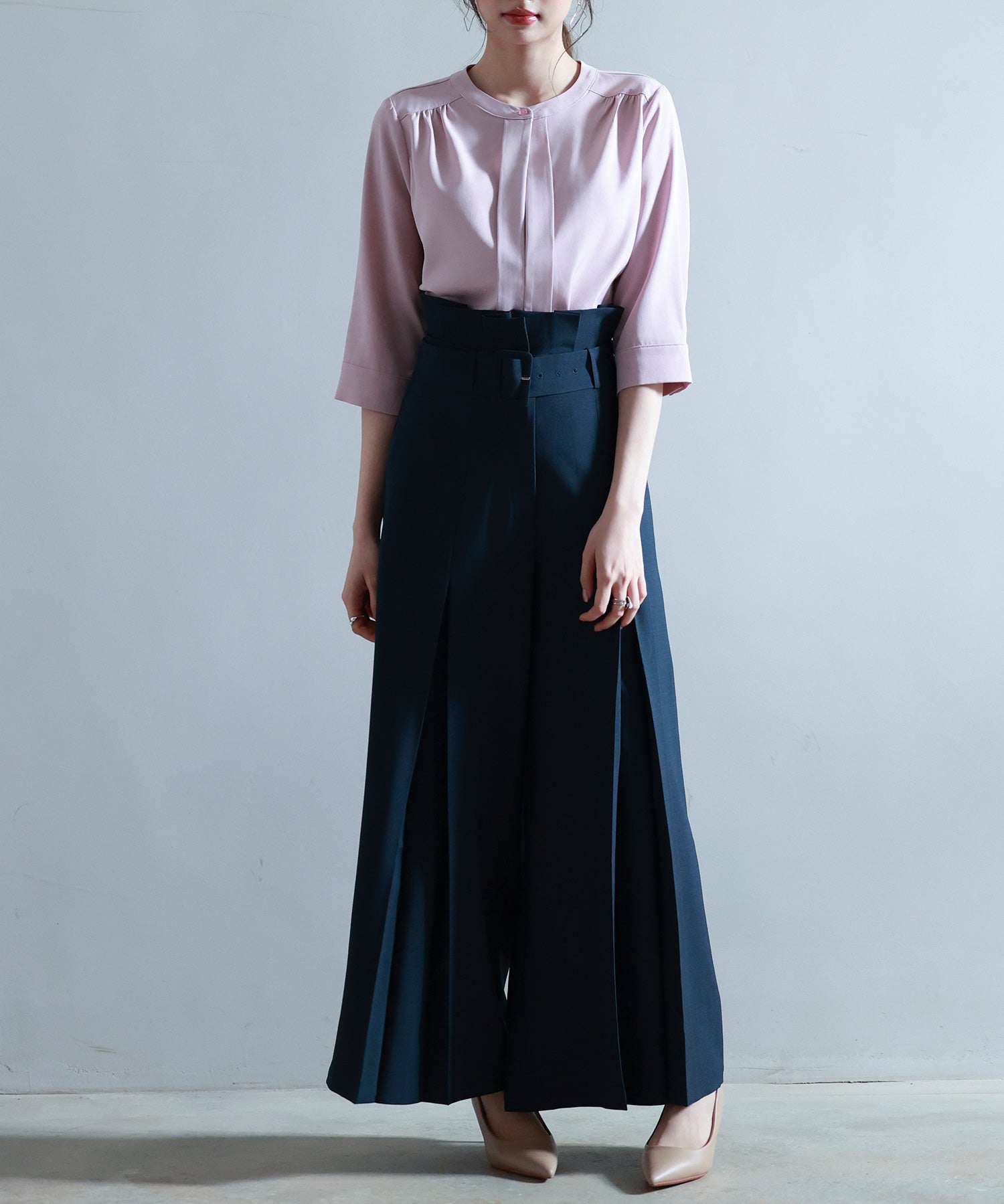 ベルト付きハイウエストワイドパンツsdp0263 ネイビー