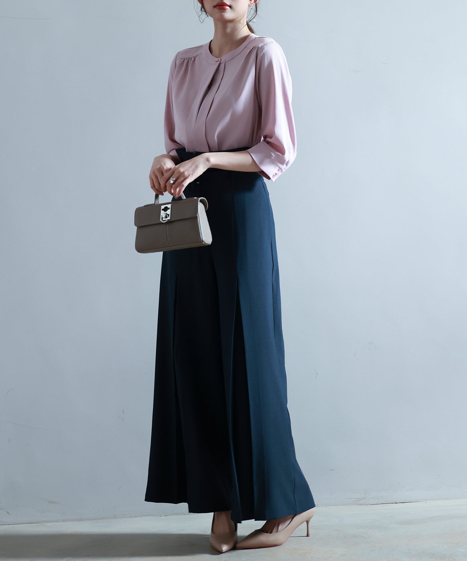 ベルト付きハイウエストワイドパンツsdp0263 ネイビー