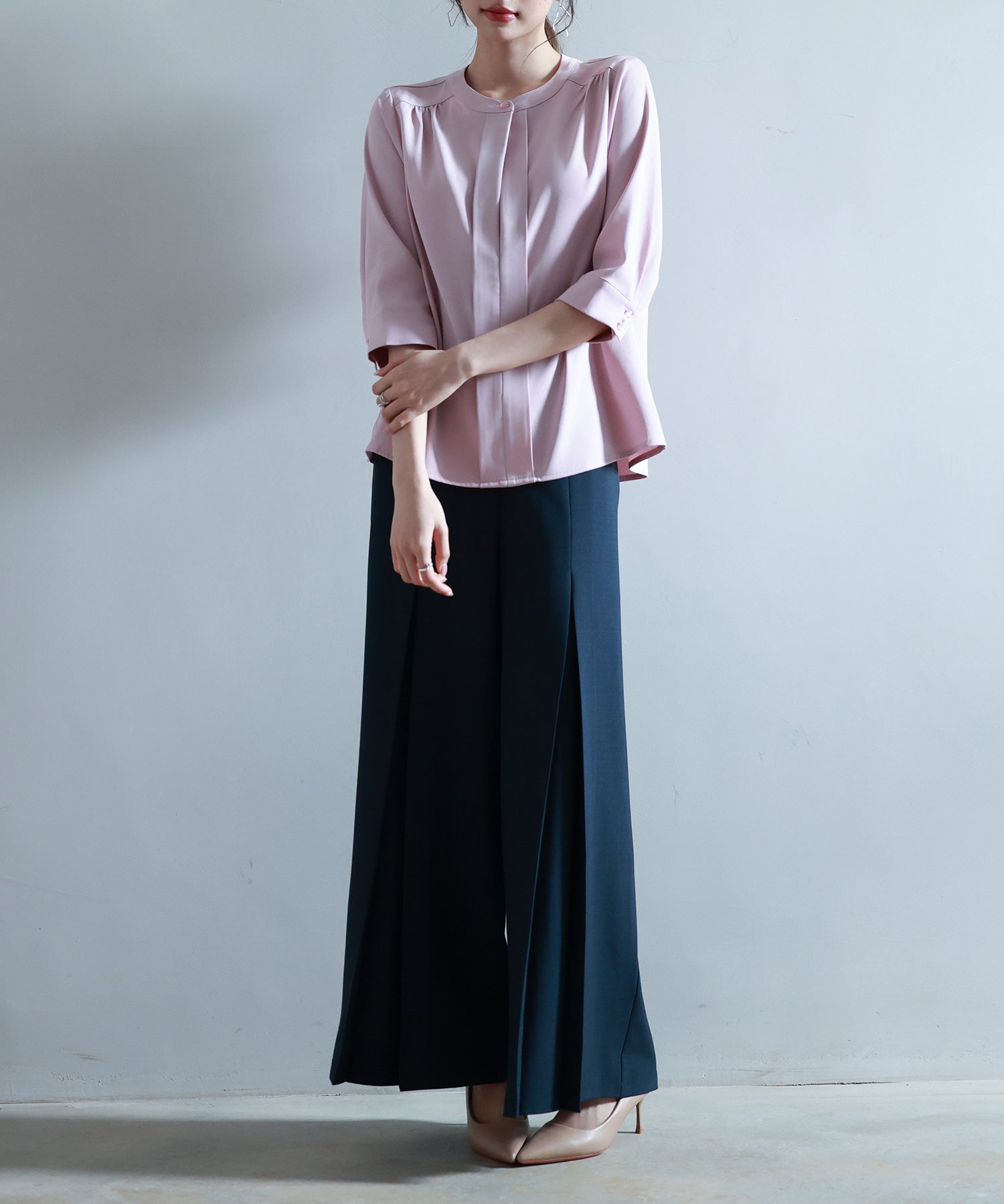 ベルト付きハイウエストワイドパンツsdp0263 ネイビー