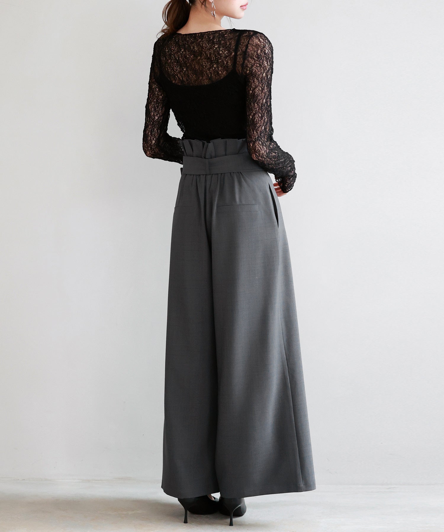 ベルト付きハイウエストワイドパンツsdp0263 チャコール