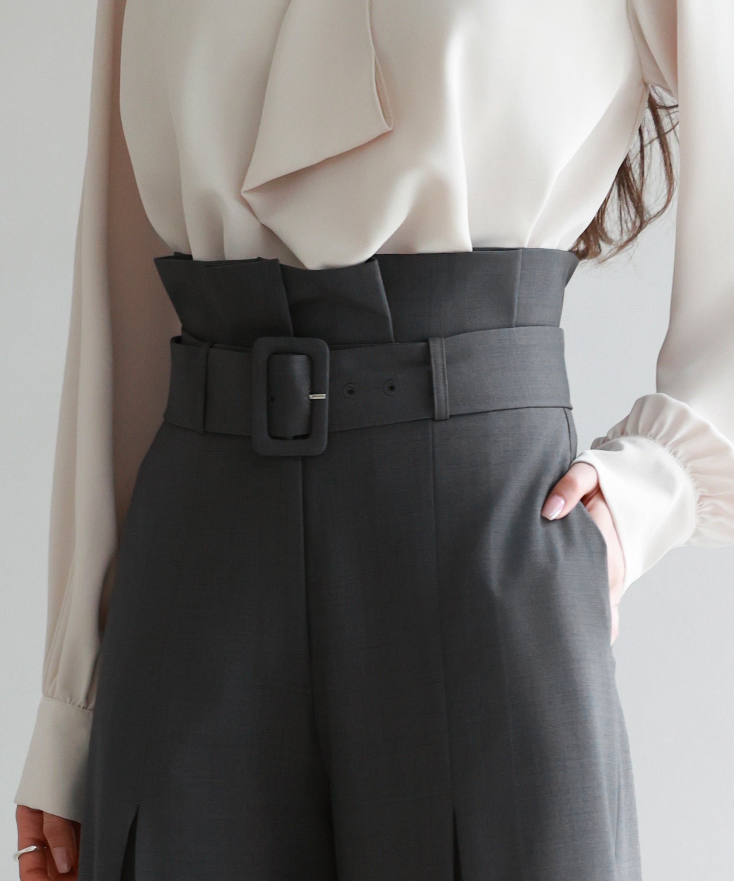 ベルト付きハイウエストワイドパンツsdp0263 チャコール