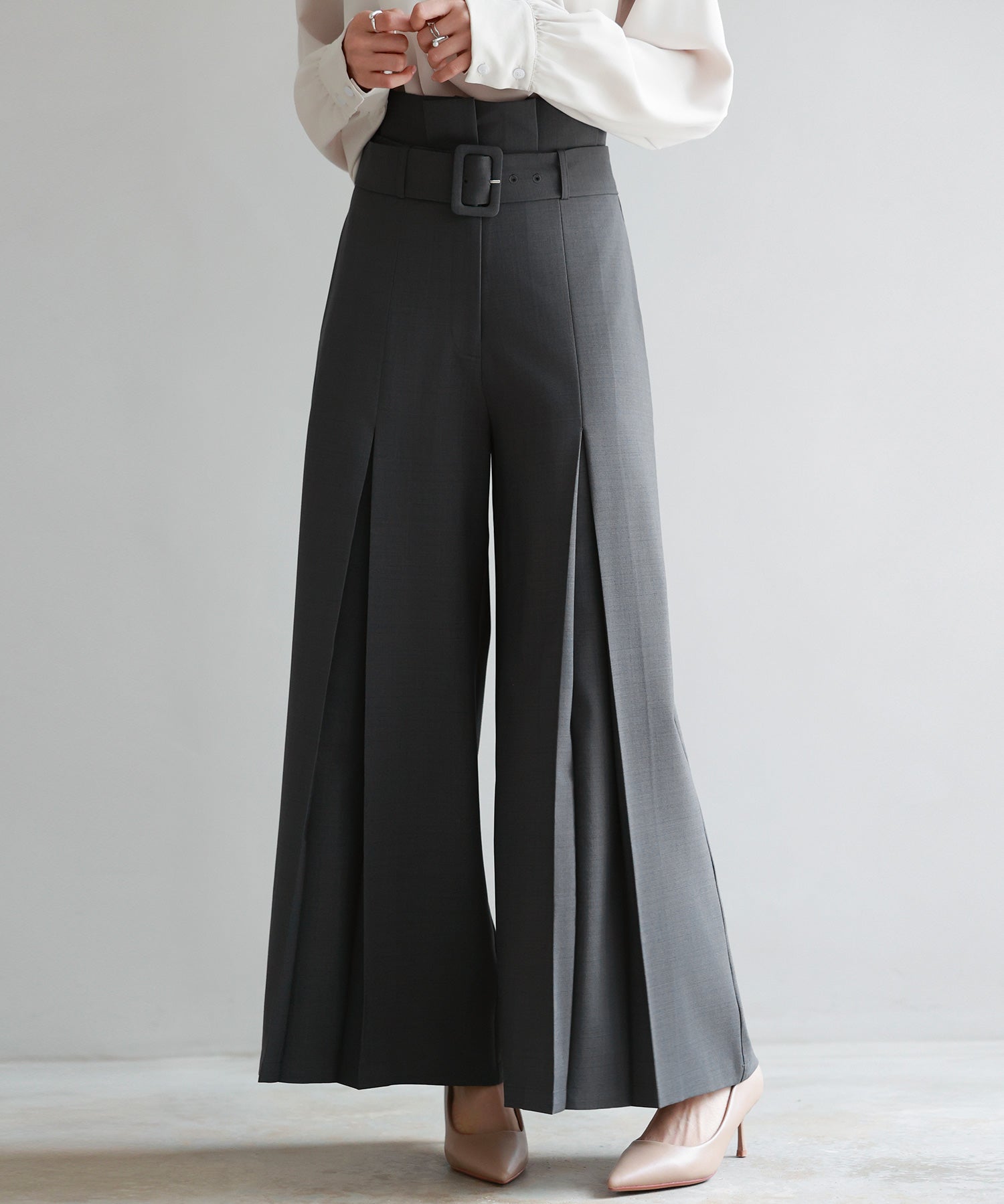 ベルト付きハイウエストワイドパンツsdp0263 チャコール