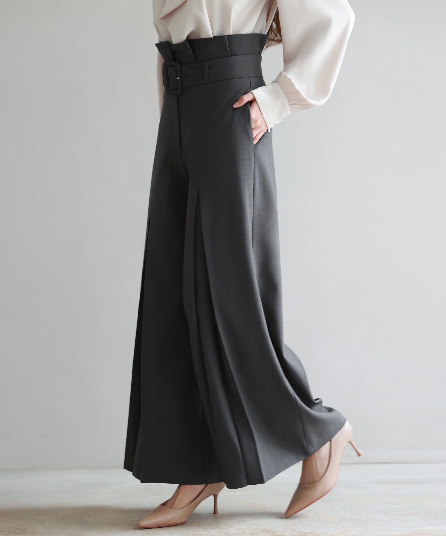 ベルト付きハイウエストワイドパンツsdp0263 チャコール