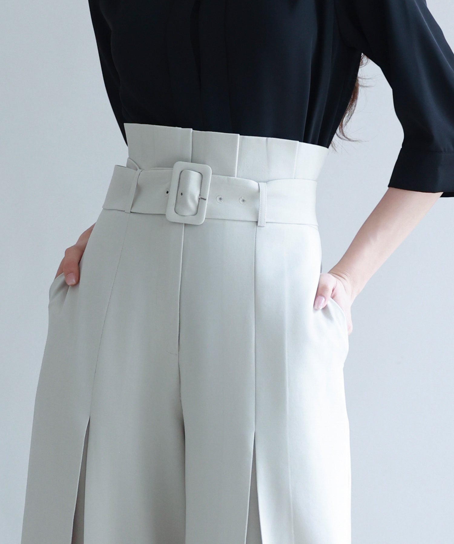 ベルト付きハイウエストワイドパンツsdp0263 アイボリー