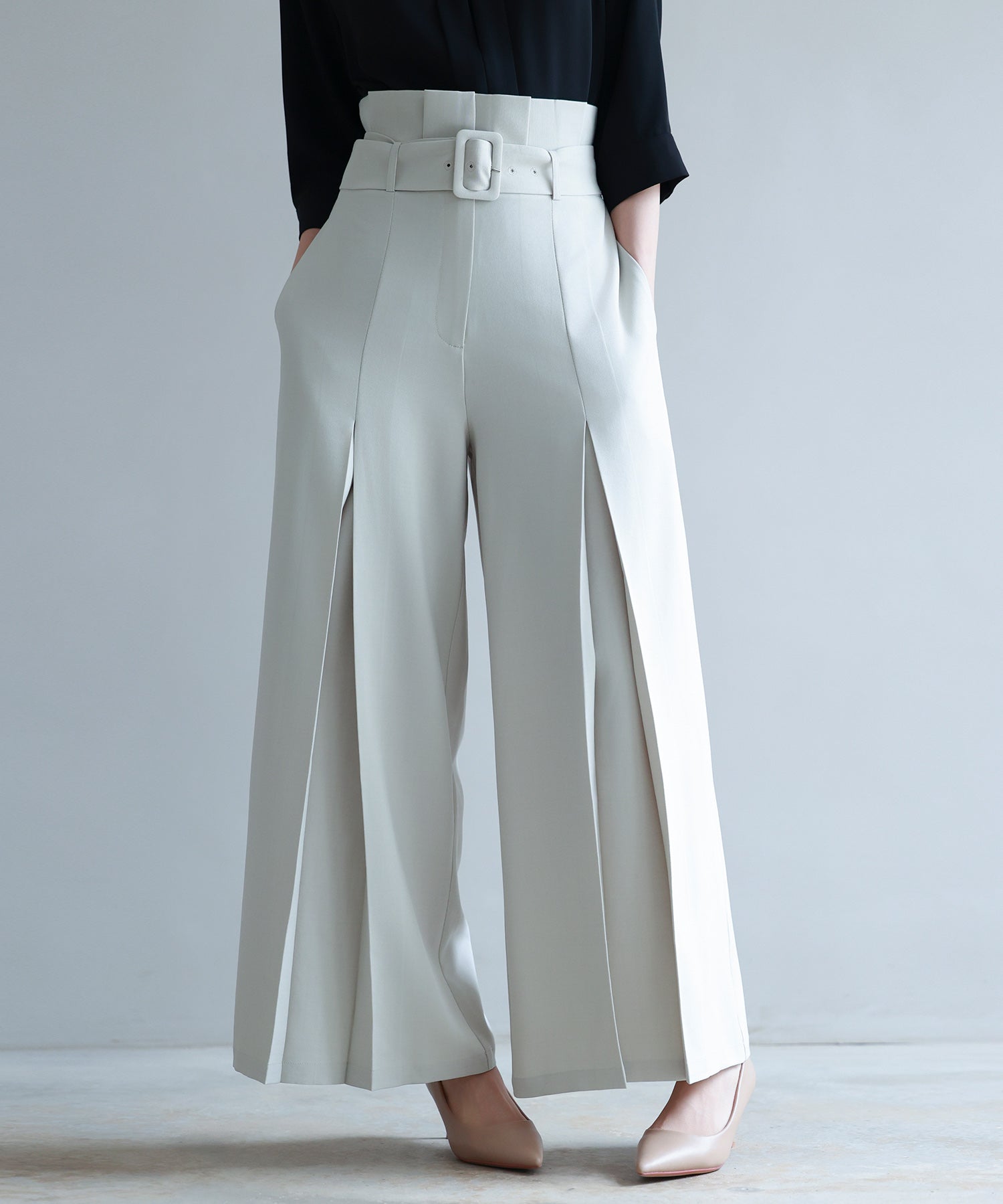 ベルト付きハイウエストワイドパンツsdp0263 アイボリー