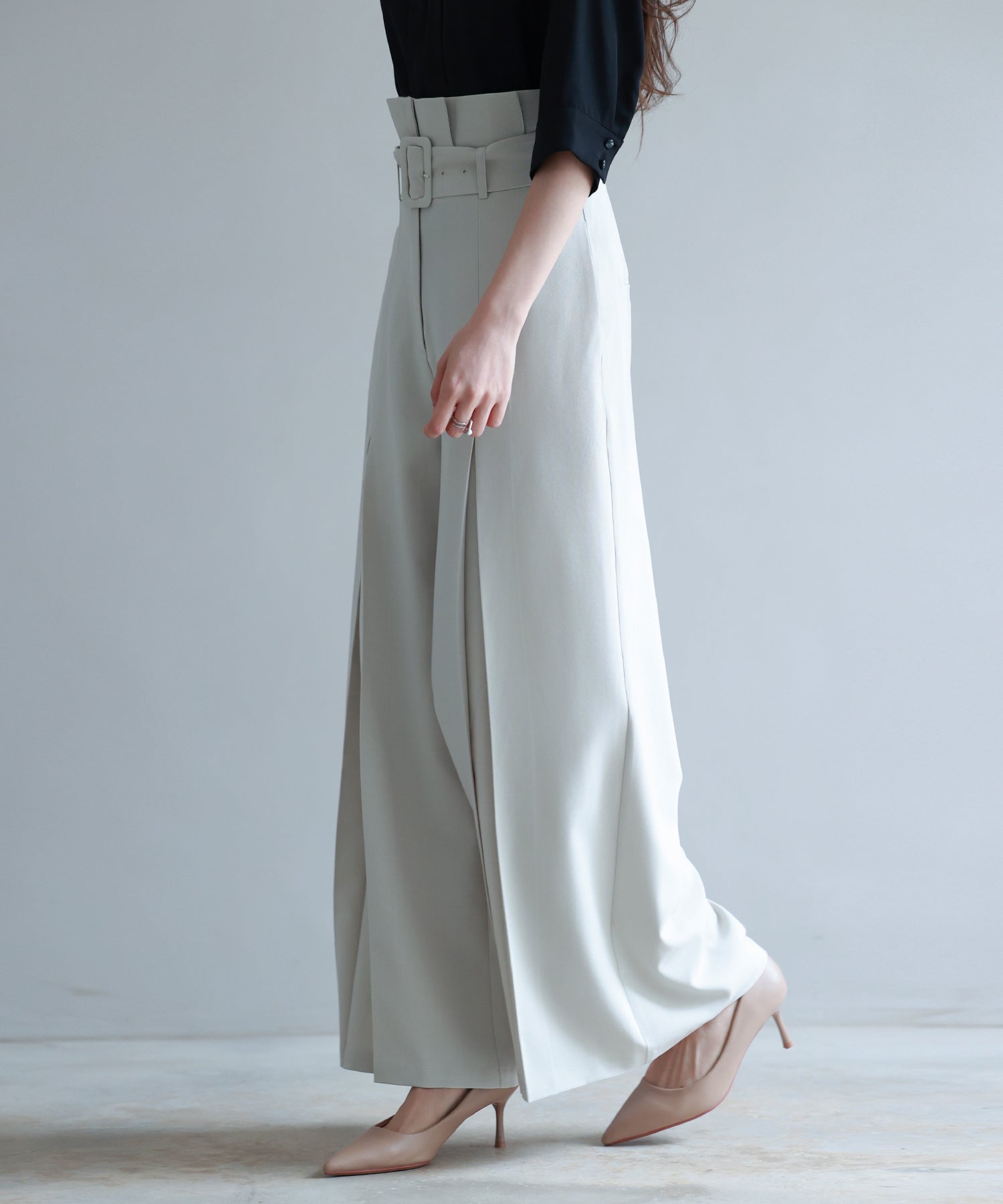 ベルト付きハイウエストワイドパンツsdp0263 アイボリー
