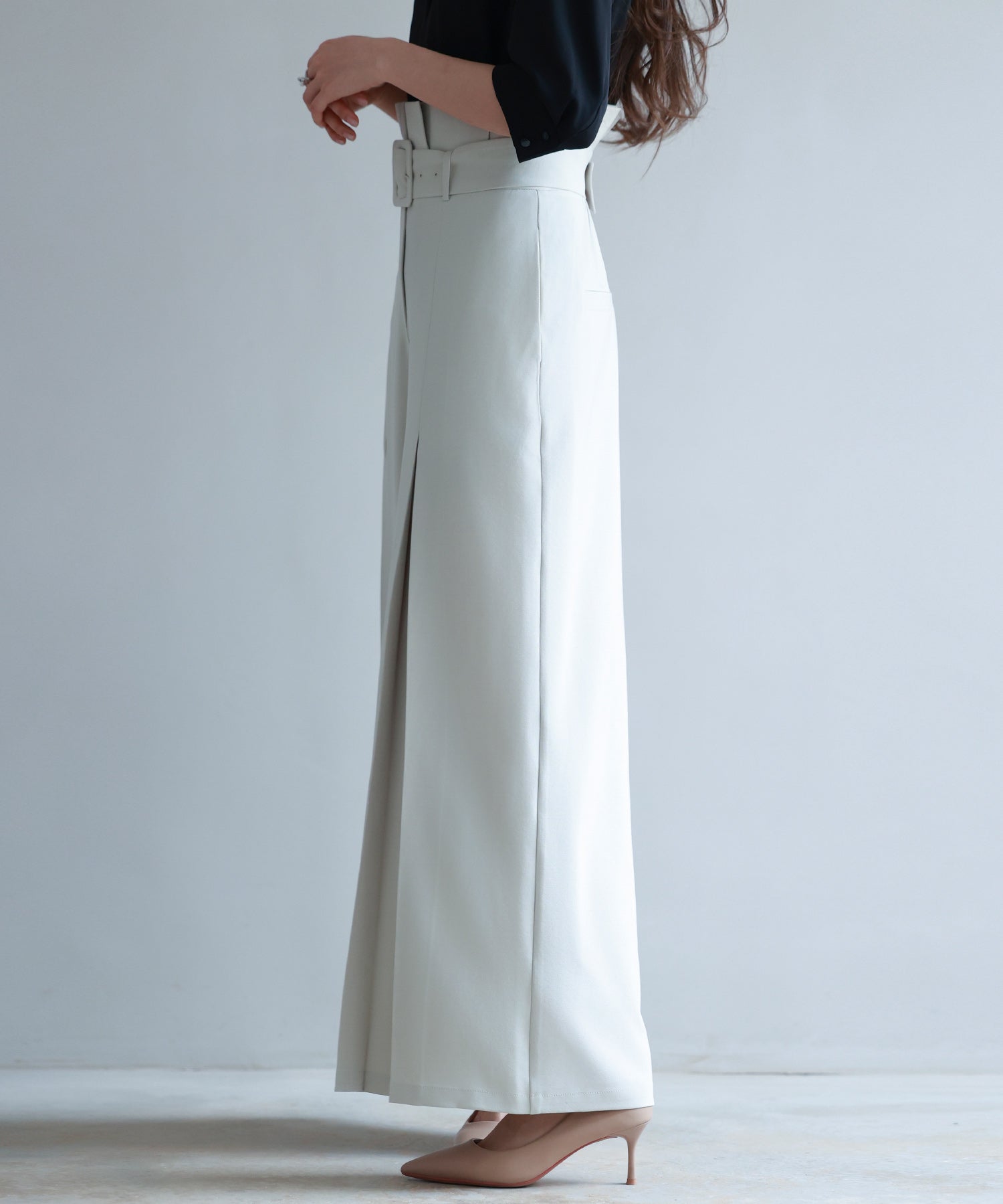 ベルト付きハイウエストワイドパンツsdp0263 アイボリー