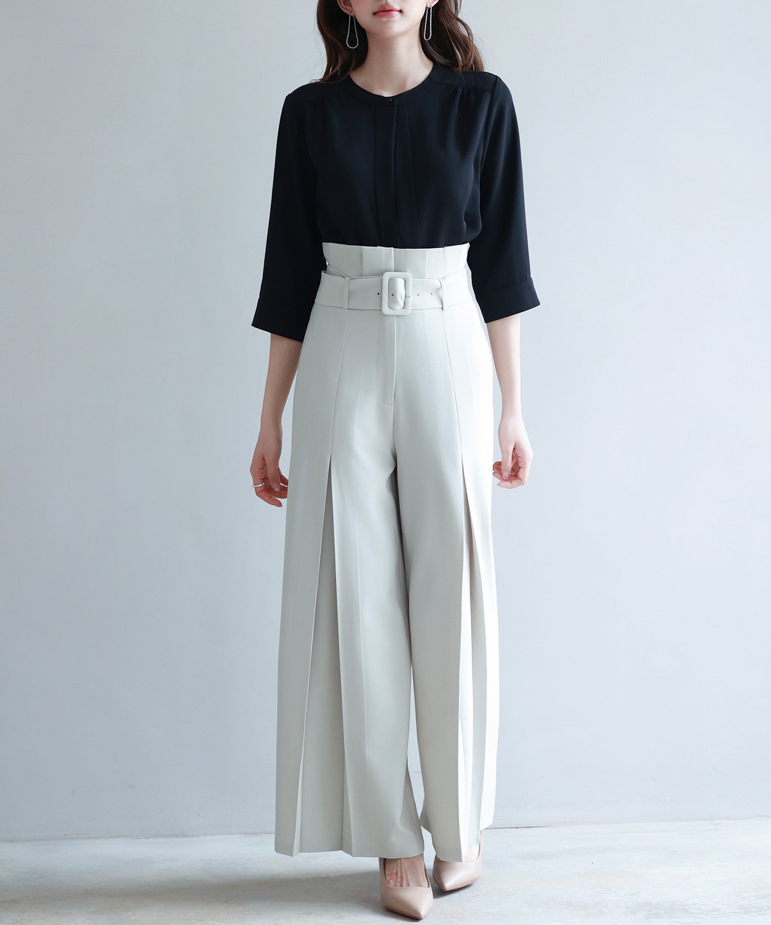 ベルト付きハイウエストワイドパンツsdp0263 アイボリー