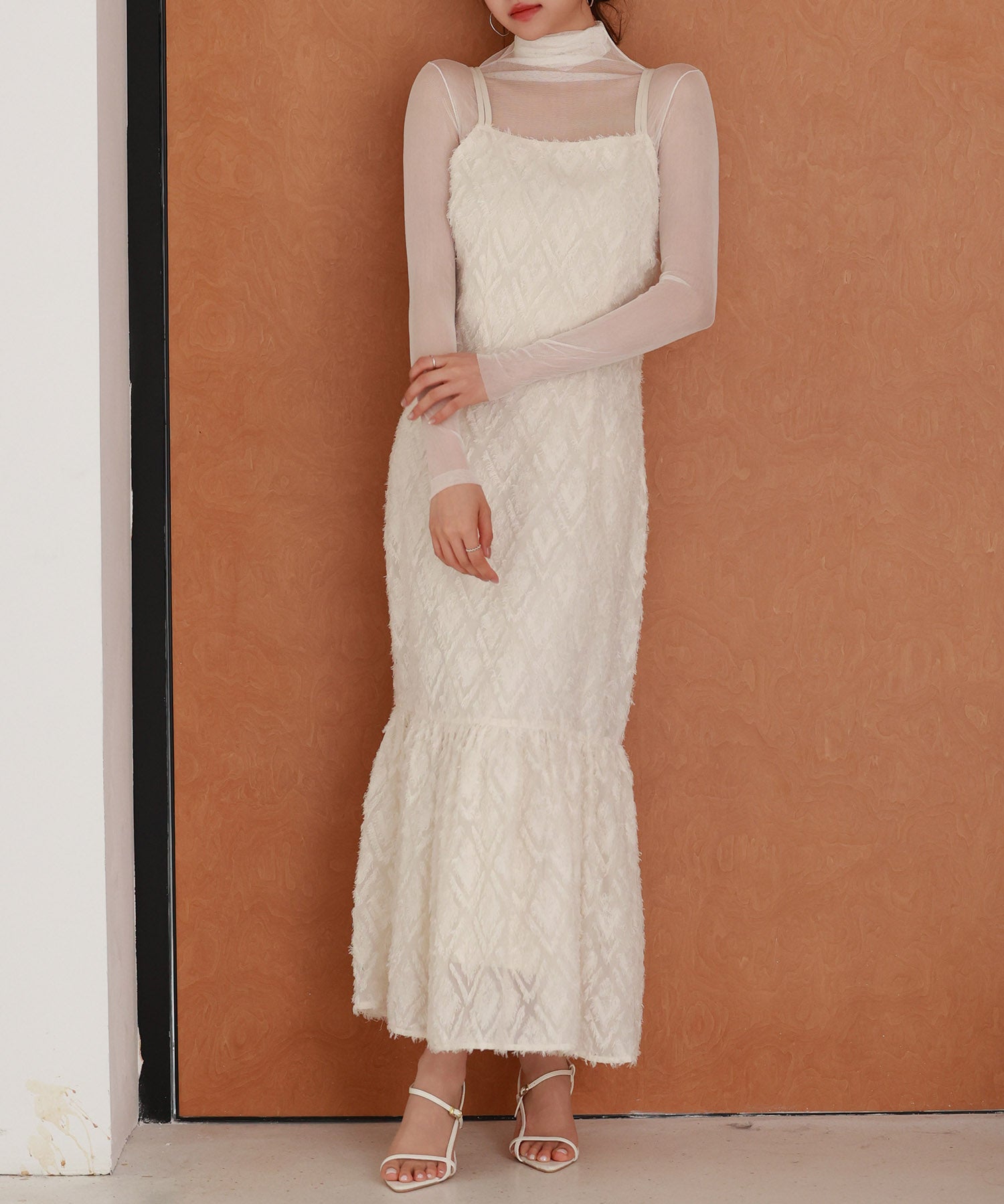 ジャガード柄マーメイドロングキャミワンピースsdp0266 アイボリー