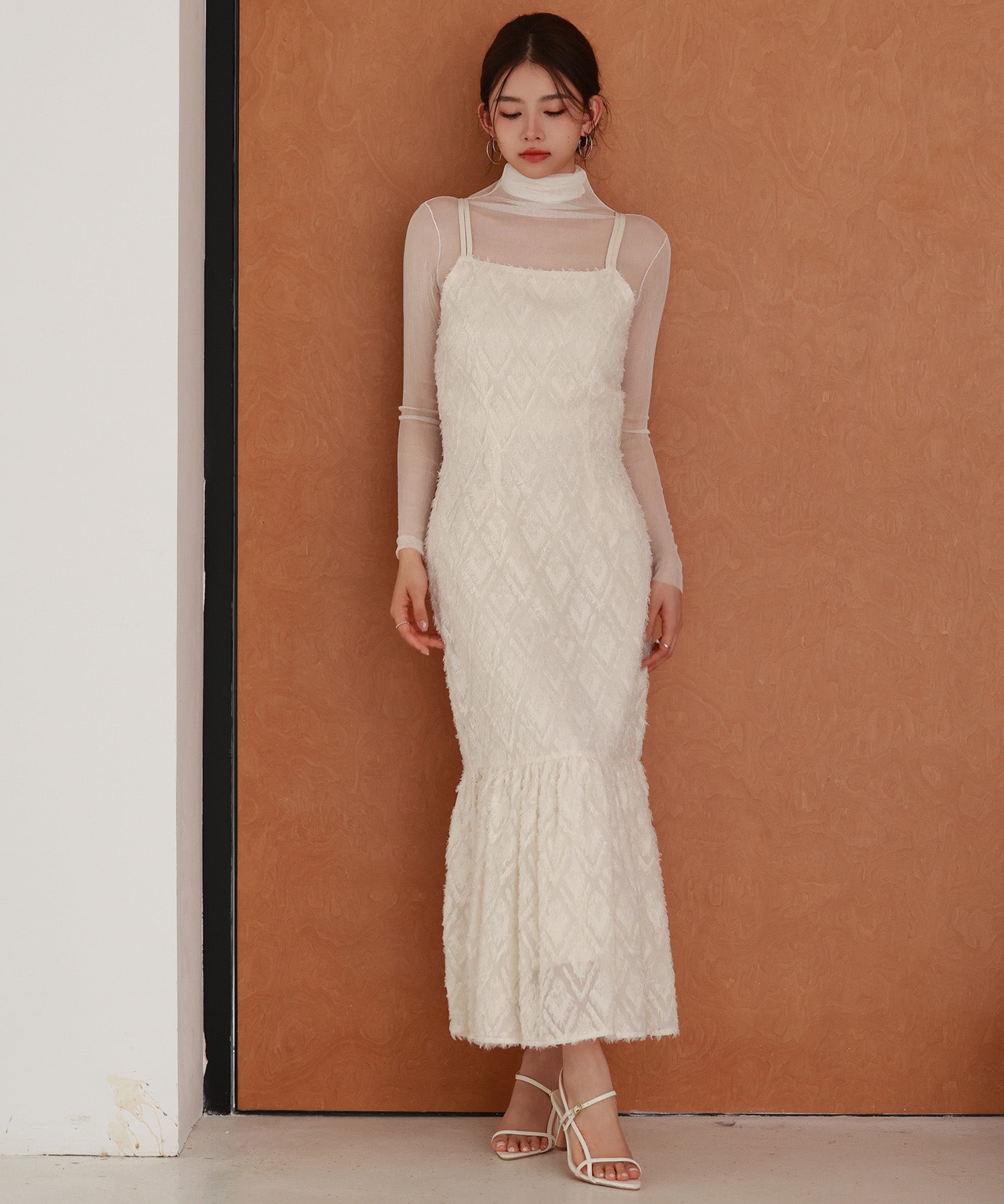 ジャガード柄マーメイドロングキャミワンピースsdp0266 アイボリー