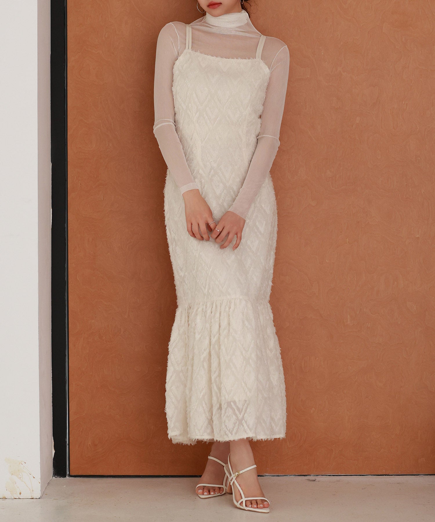 ジャガード柄マーメイドロングキャミワンピースsdp0266 アイボリー