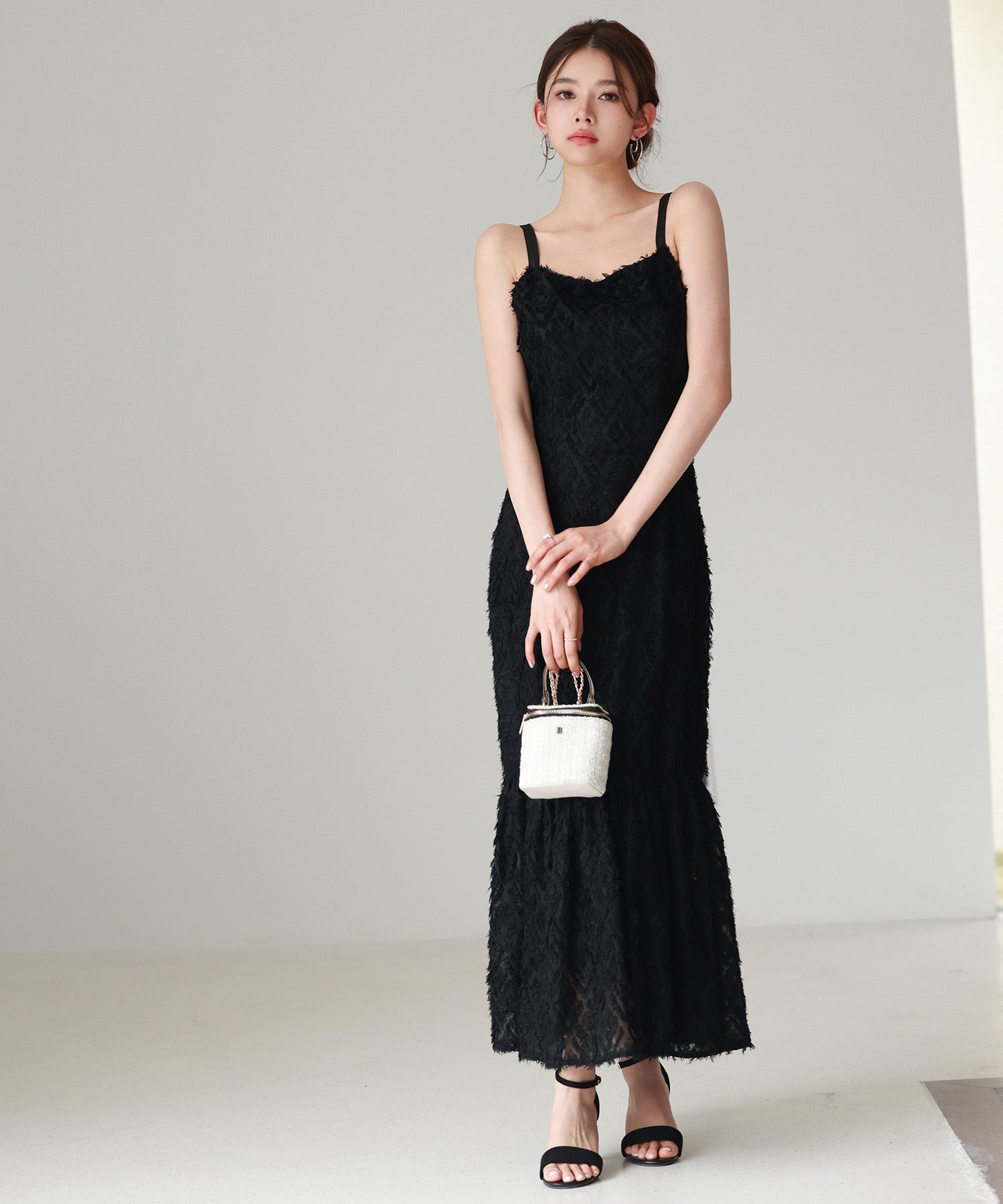 ジャガード柄マーメイドロングキャミワンピースsdp0266 ブラック