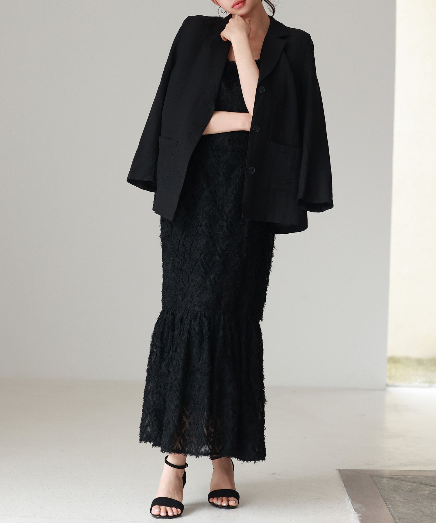 ジャガード柄マーメイドロングキャミワンピースsdp0266 ブラック