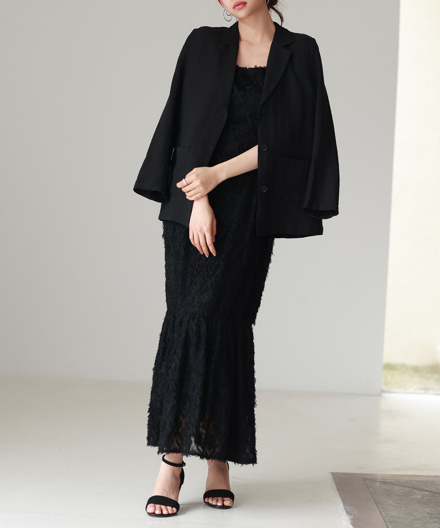 ジャガード柄マーメイドロングキャミワンピースsdp0266 ブラック