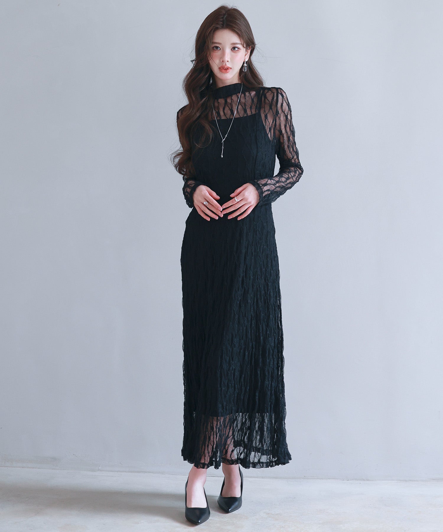 総レースとキャミワンピースの2点セットsdp0268 ブラック