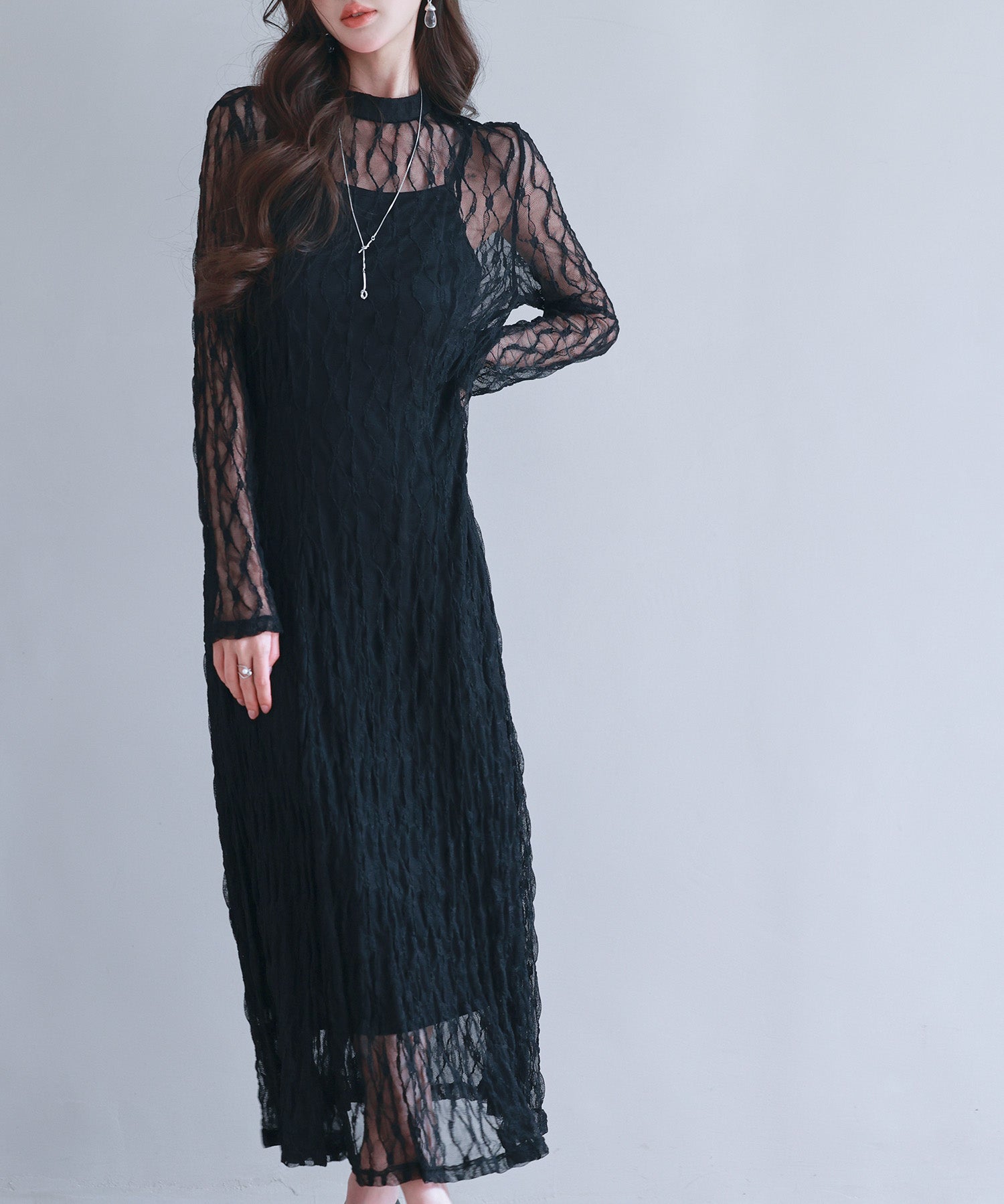 総レースとキャミワンピースの2点セットsdp0268 ブラック