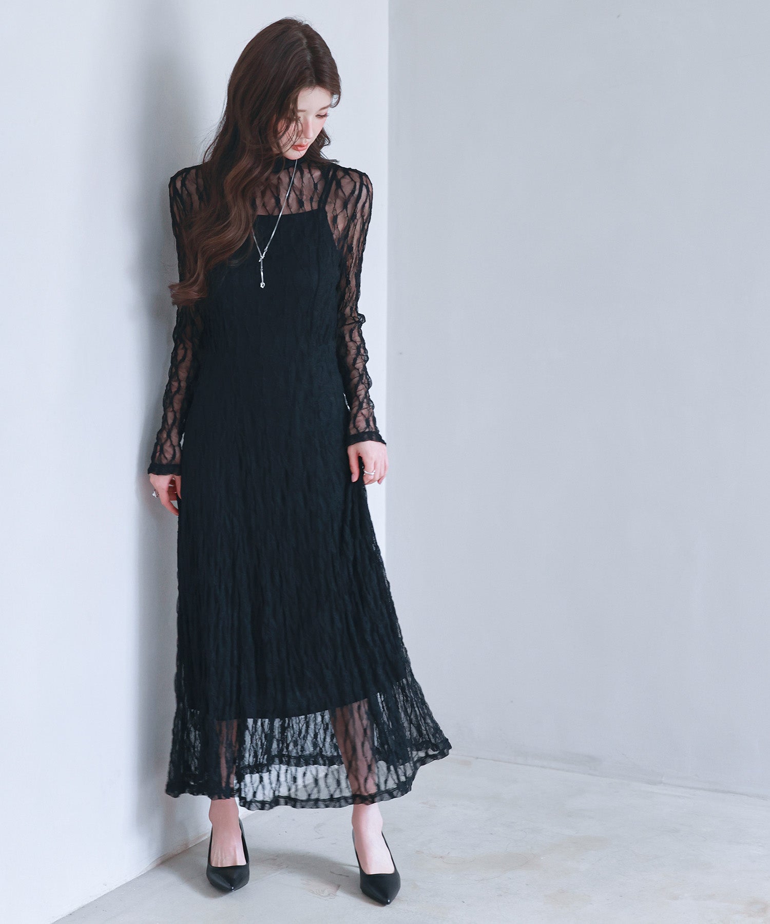 総レースとキャミワンピースの2点セットsdp0268 ブラック