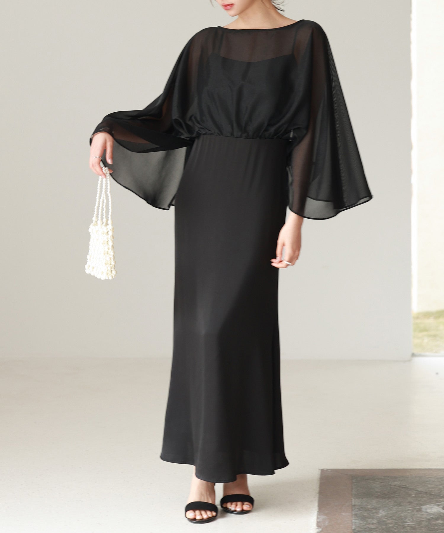 異素材ドッキングロング丈ワンピースsdp0269 ブラック