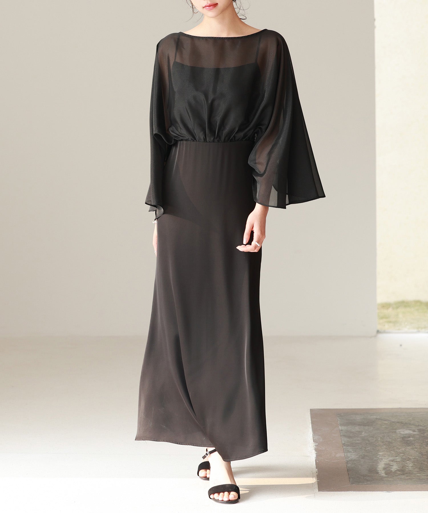 異素材ドッキングロング丈ワンピースsdp0269 ブラック