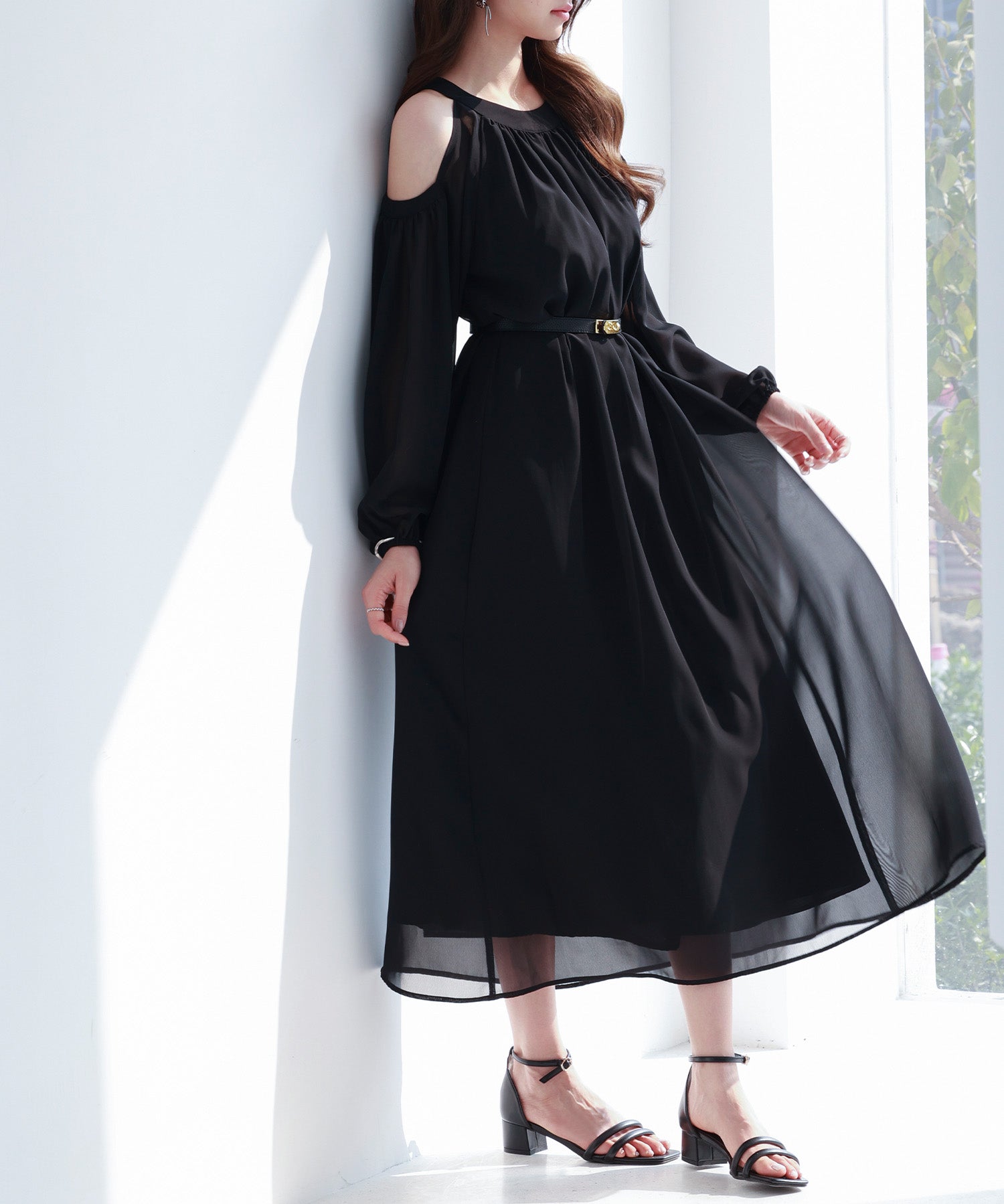 ベルト付きシフォン生地ワンピースsdp0270 ブラック