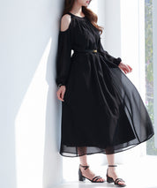 ベルト付きシフォン生地ワンピースsdp0270 ブラック