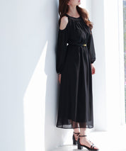 ベルト付きシフォン生地ワンピースsdp0270 ブラック