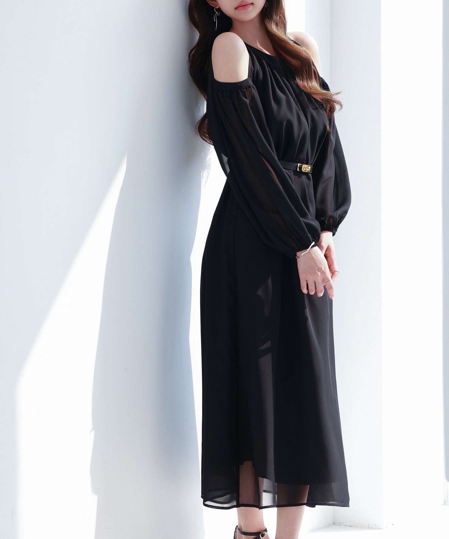 ベルト付きシフォン生地ワンピースsdp0270 ブラック