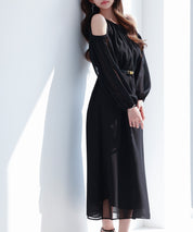 ベルト付きシフォン生地ワンピースsdp0270 ブラック