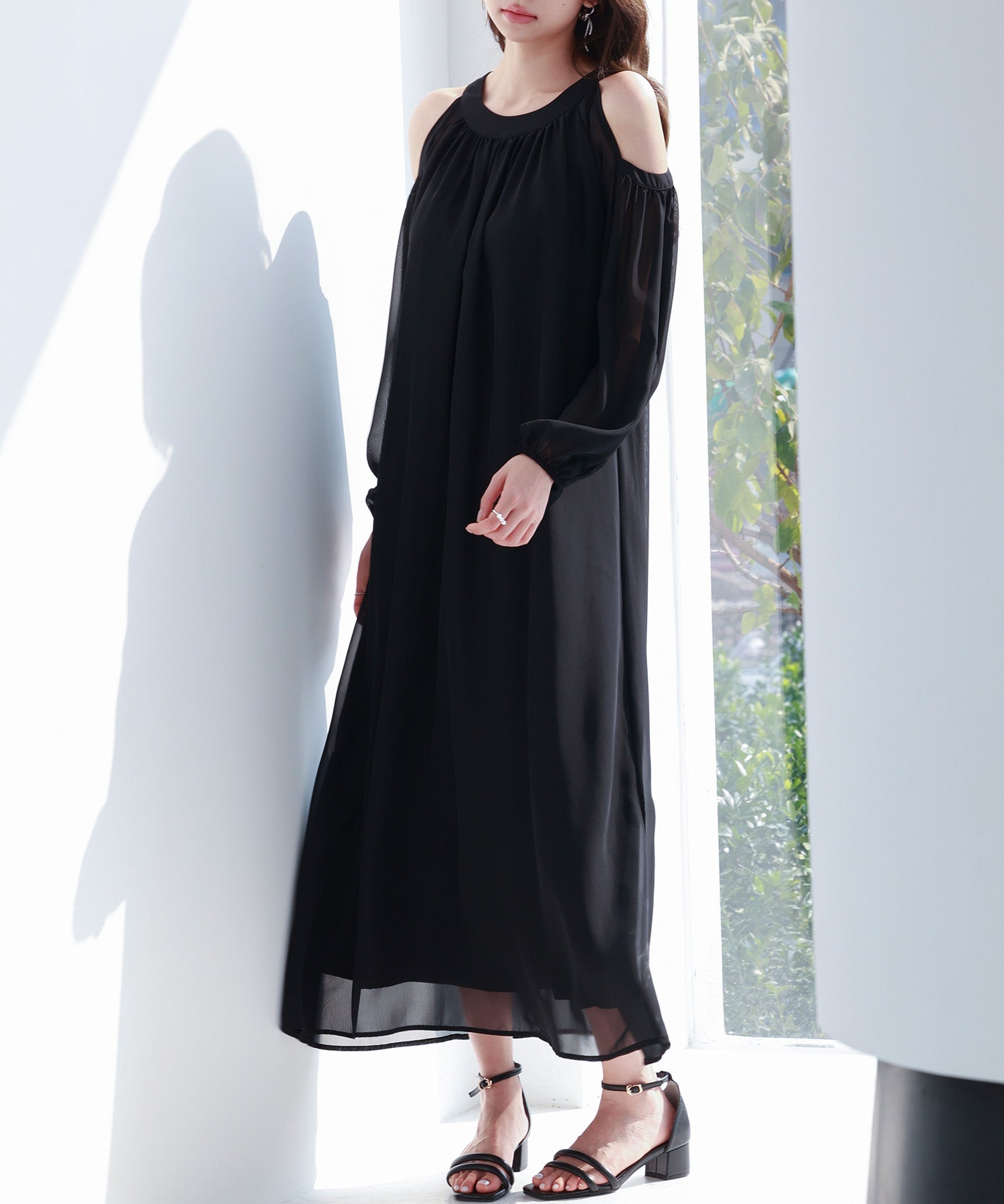 ベルト付きシフォン生地ワンピースsdp0270 ブラック