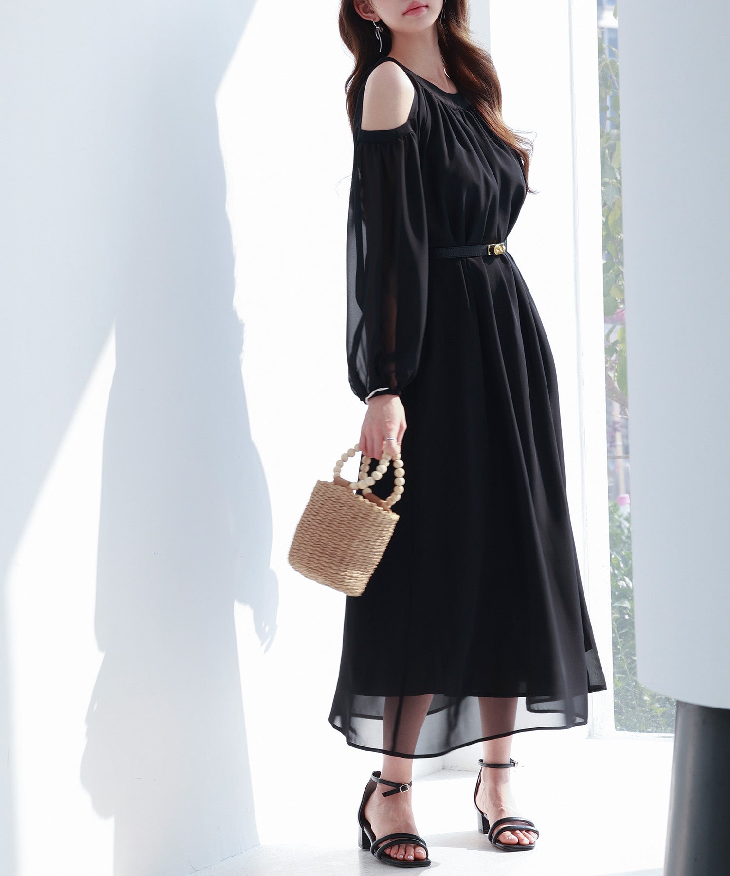 ベルト付きシフォン生地ワンピースsdp0270 ブラック