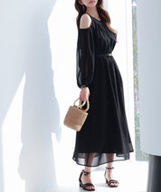 ベルト付きシフォン生地ワンピースsdp0270 ブラック